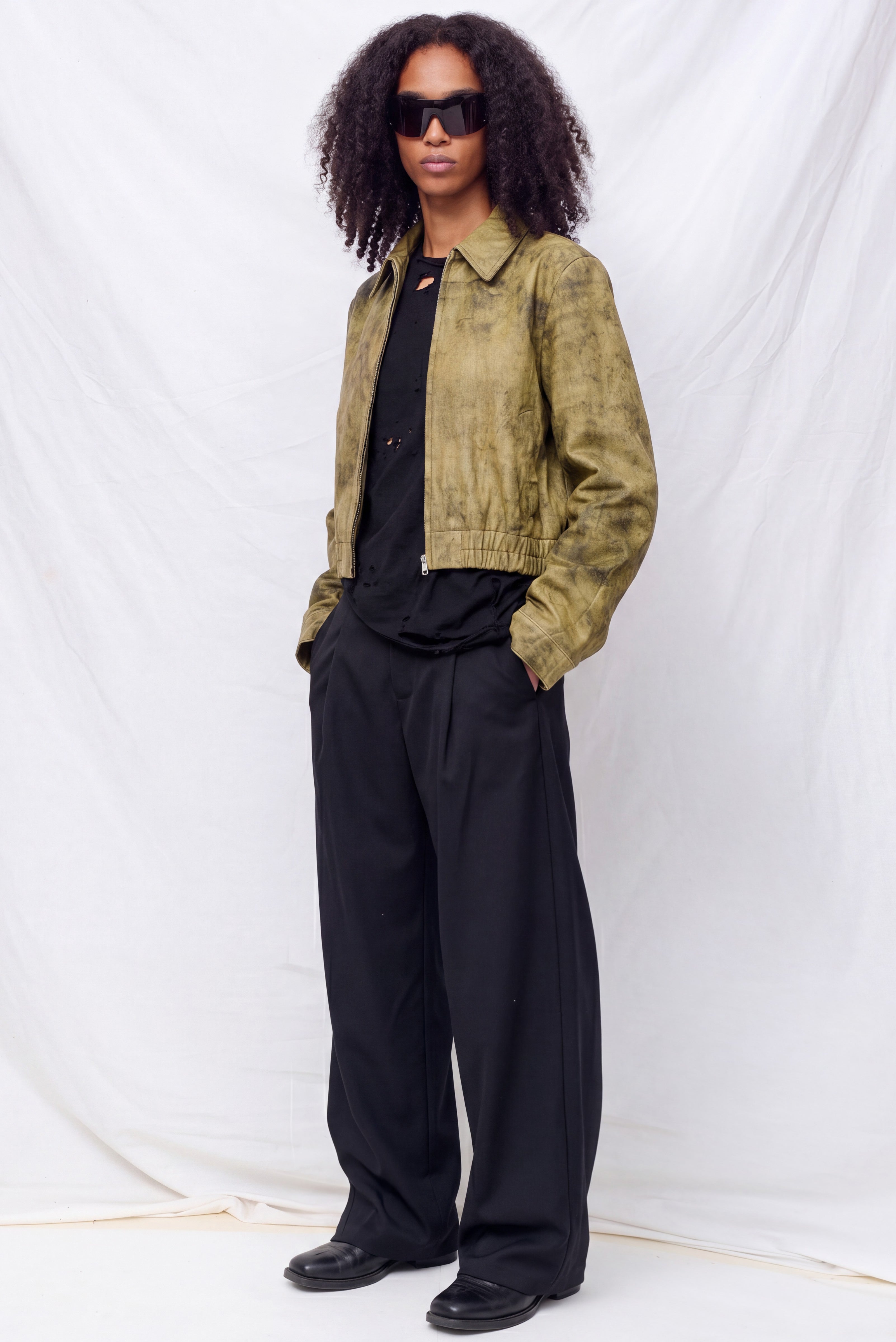 Antique Olive Leather Shrunken Zip Jacket - Assembly New York