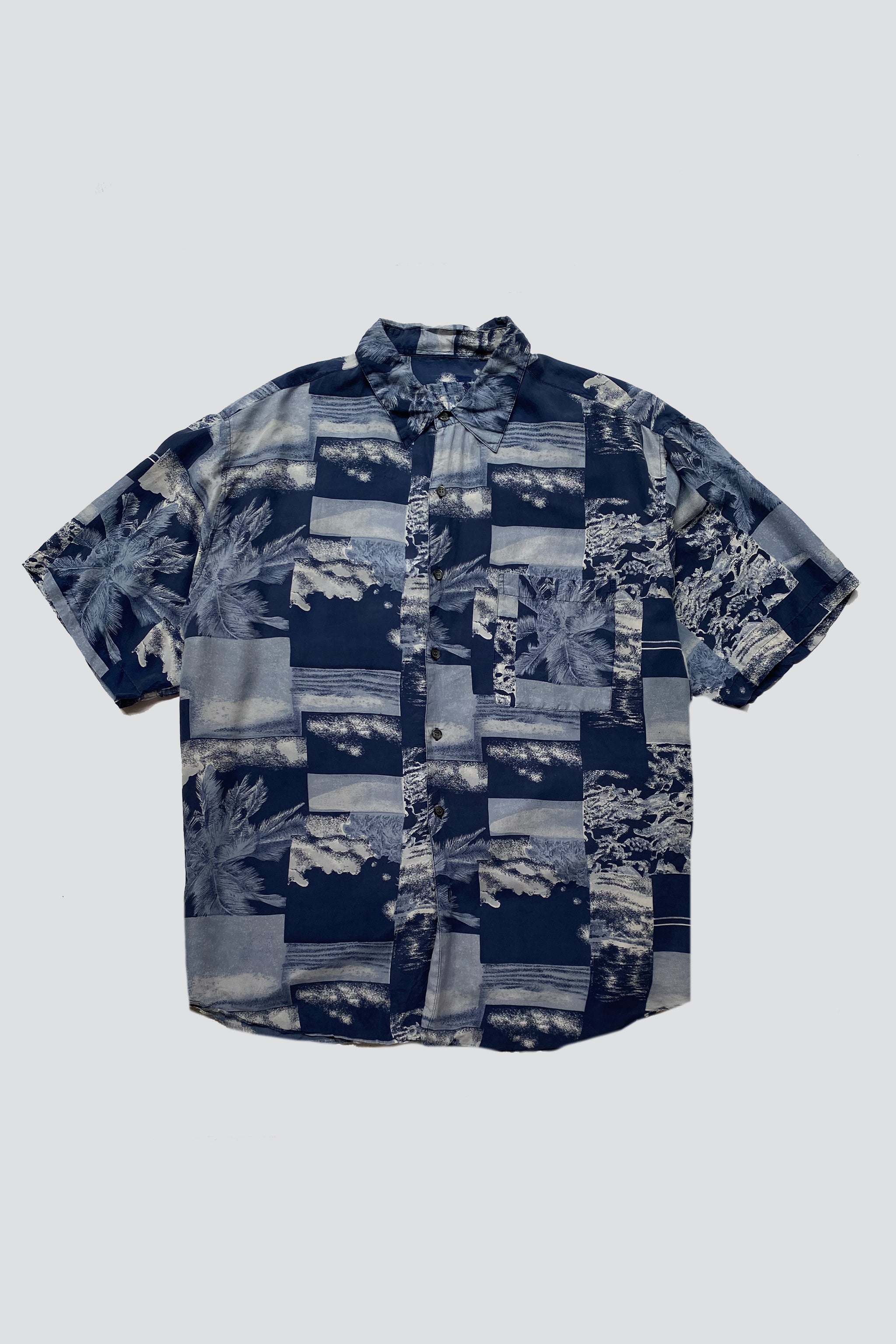 Blue Silk Sea Square Print Button Up