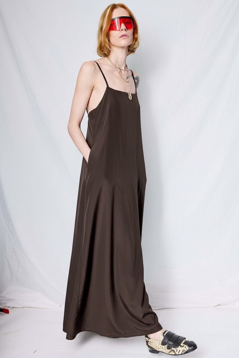 Brown Viscose Twill Long Dress