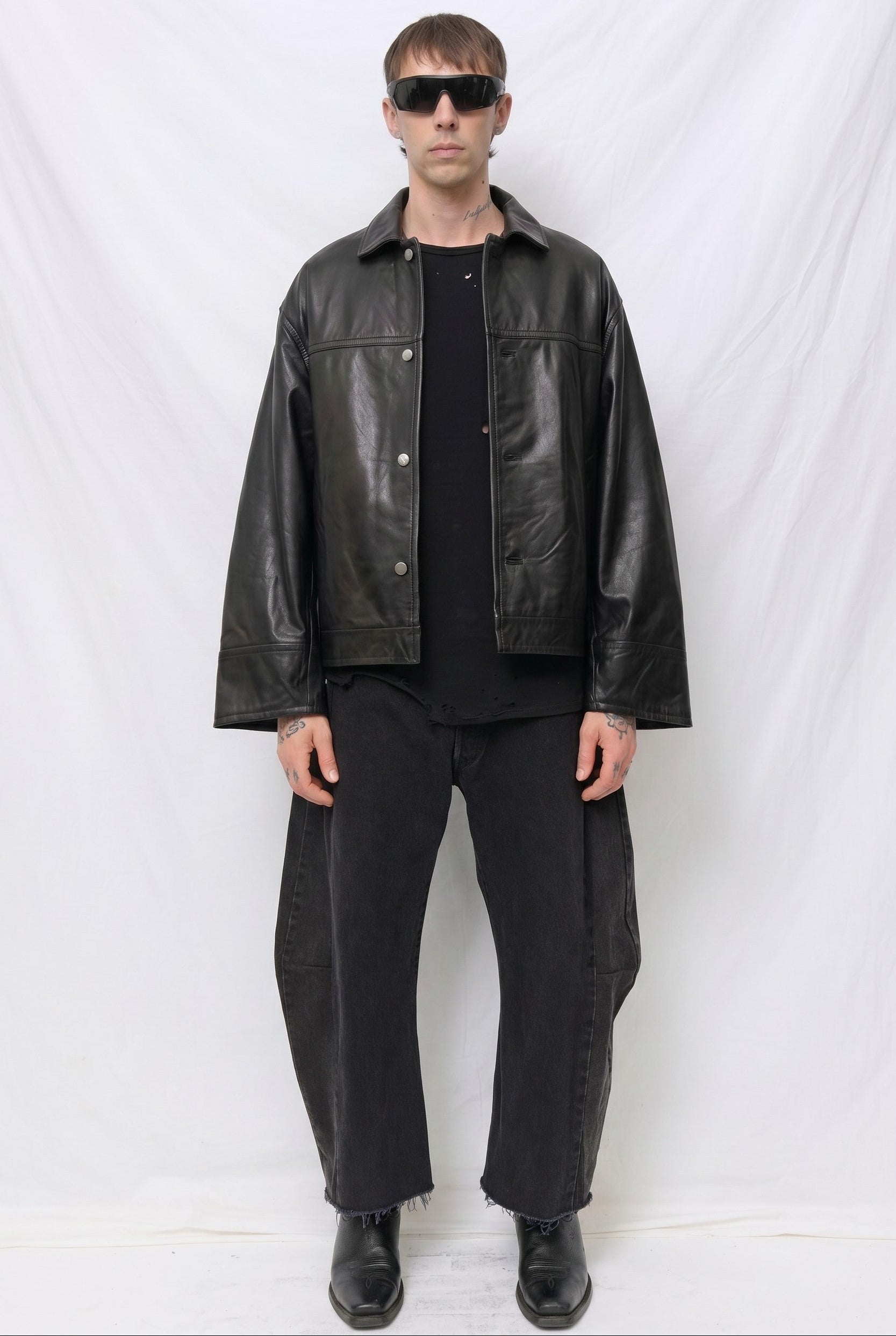 ま*お様 CCU BOX TAILORED JACKET BLACK Black Leather Box Jacket - Assembly New York
