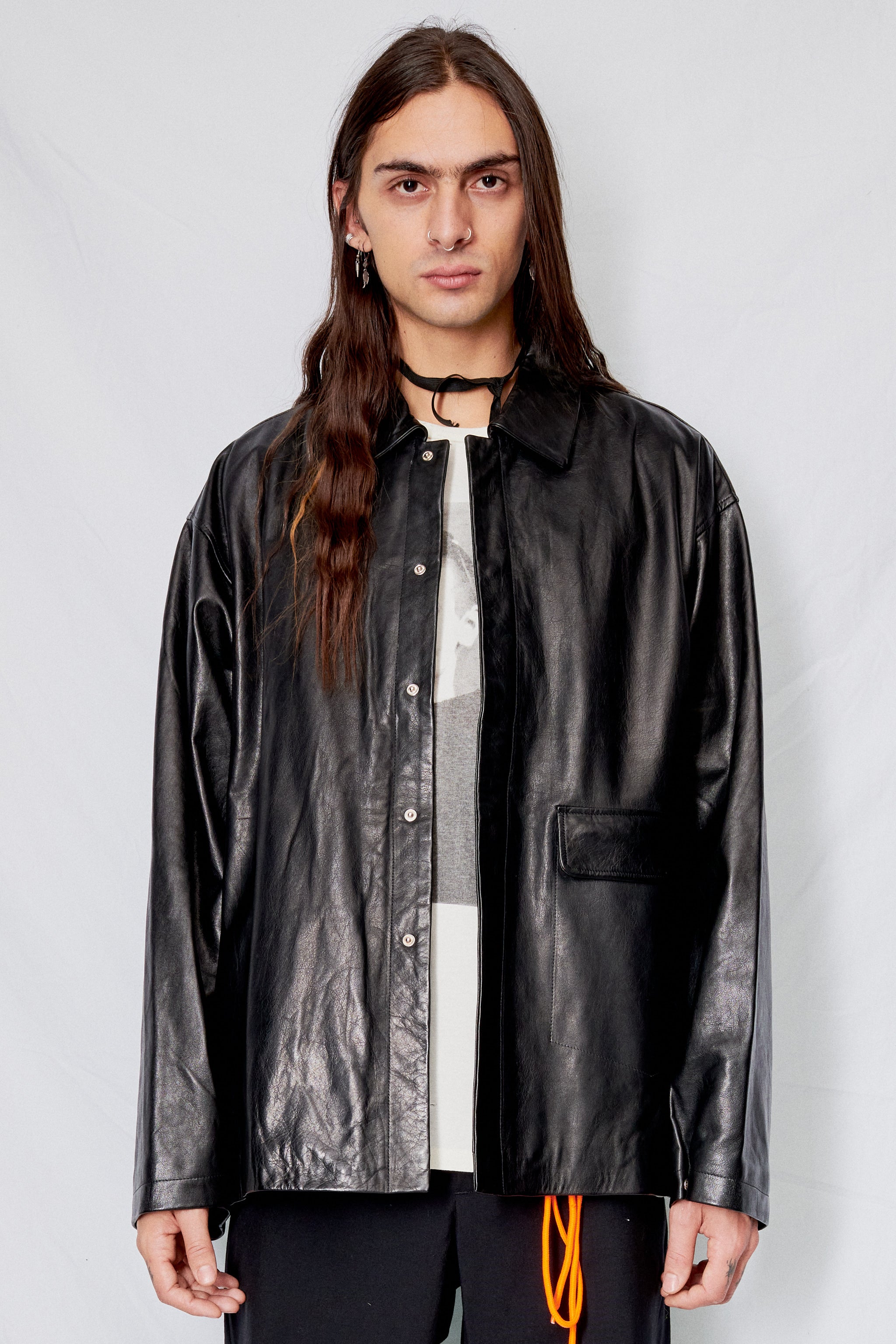 Black Leather Snap Shirtcoat