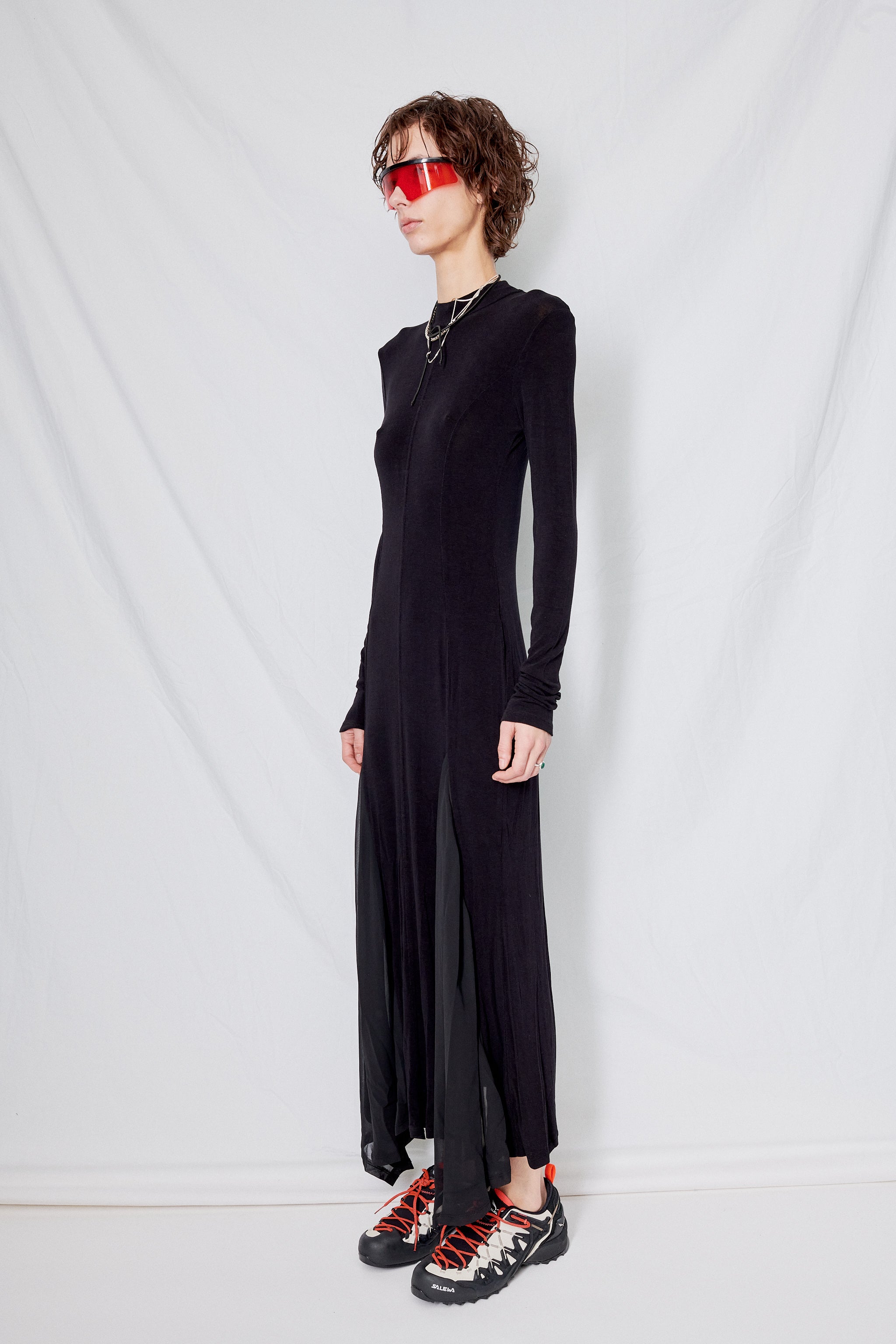 Black Sheer Panel Jersey Maxi Dress