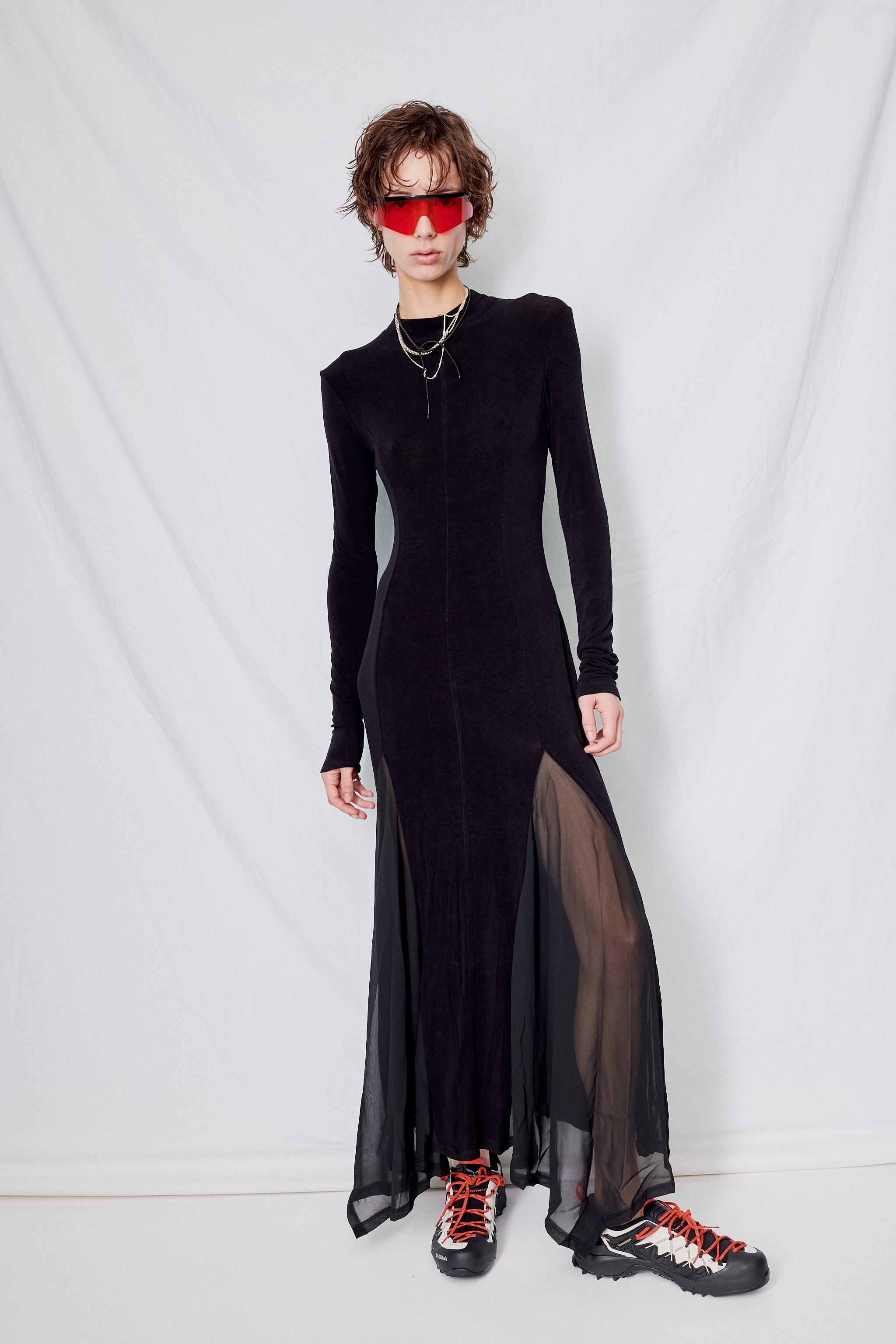 Black Sheer Panel Jersey Maxi Dress