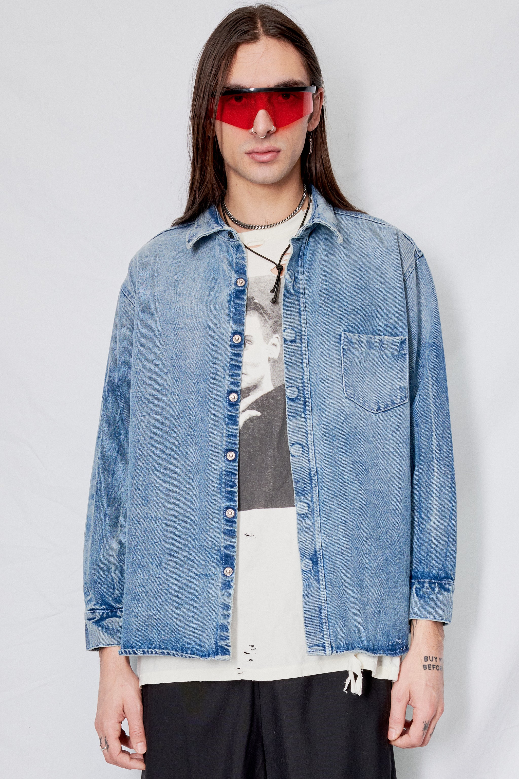 Light Wash Denim Loose Snap Shirt