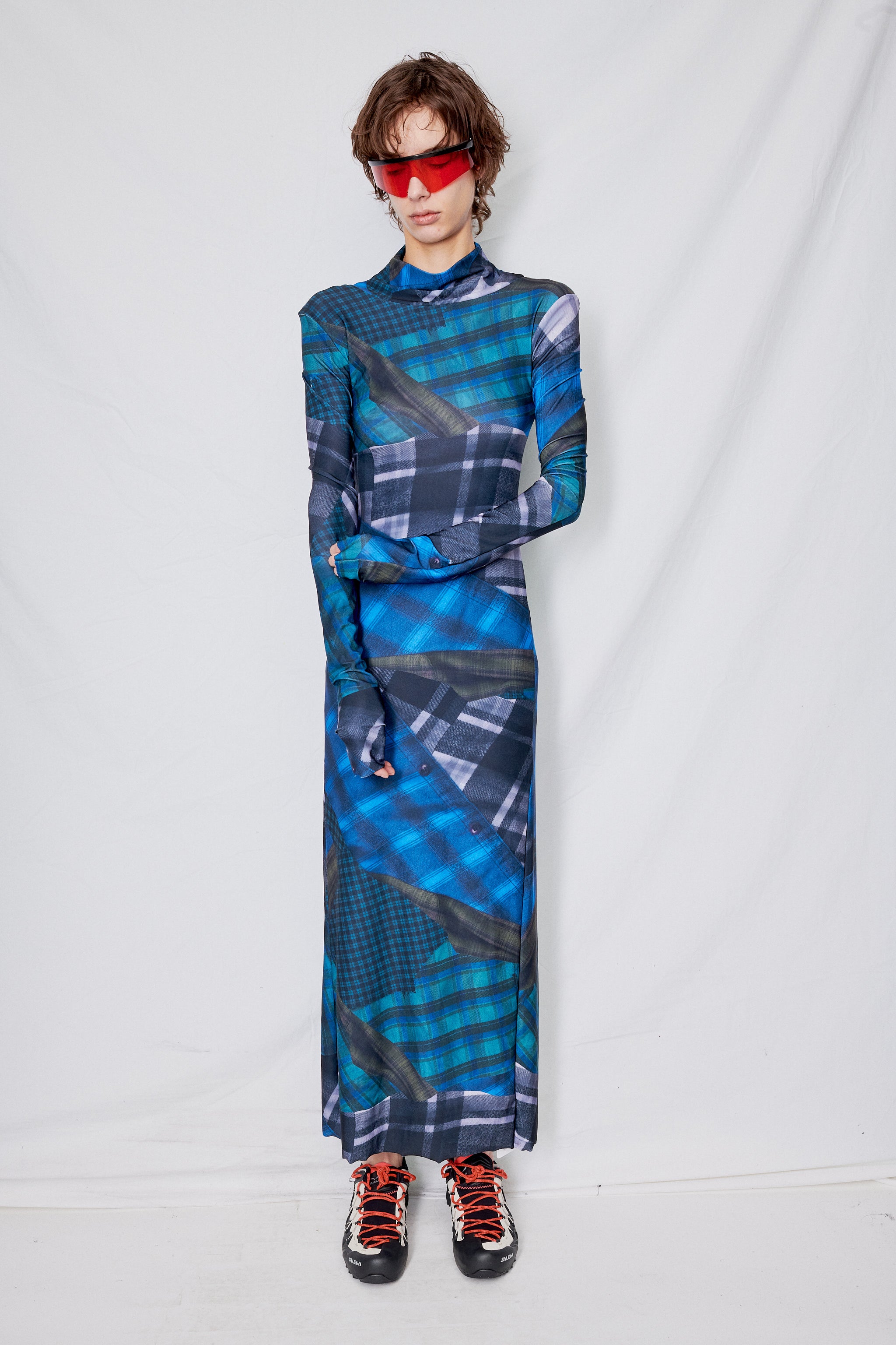 Mixed Flannel Print Jersey Long Sleeve Maxi Dress