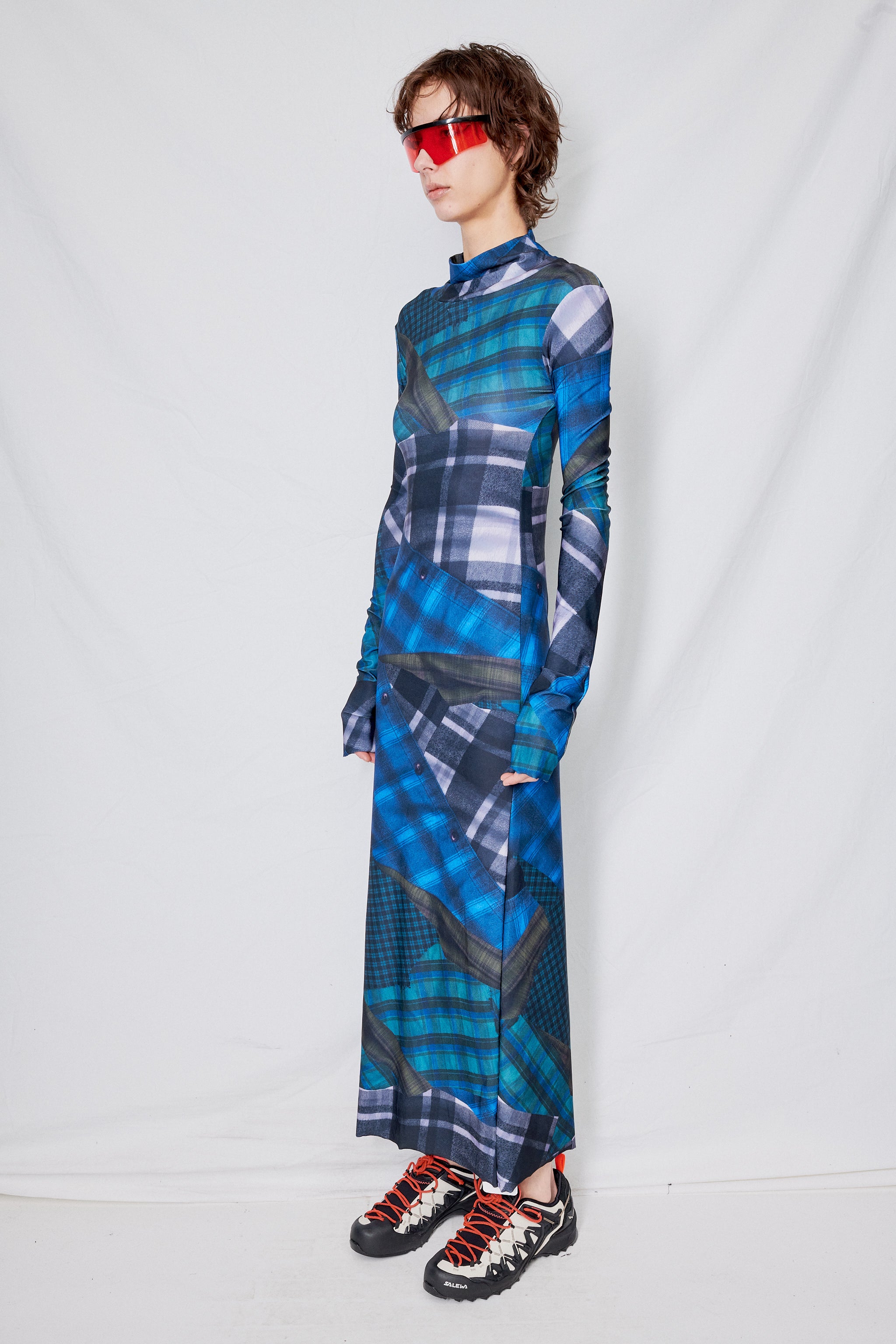 Mixed Flannel Print Jersey Long Sleeve Maxi Dress