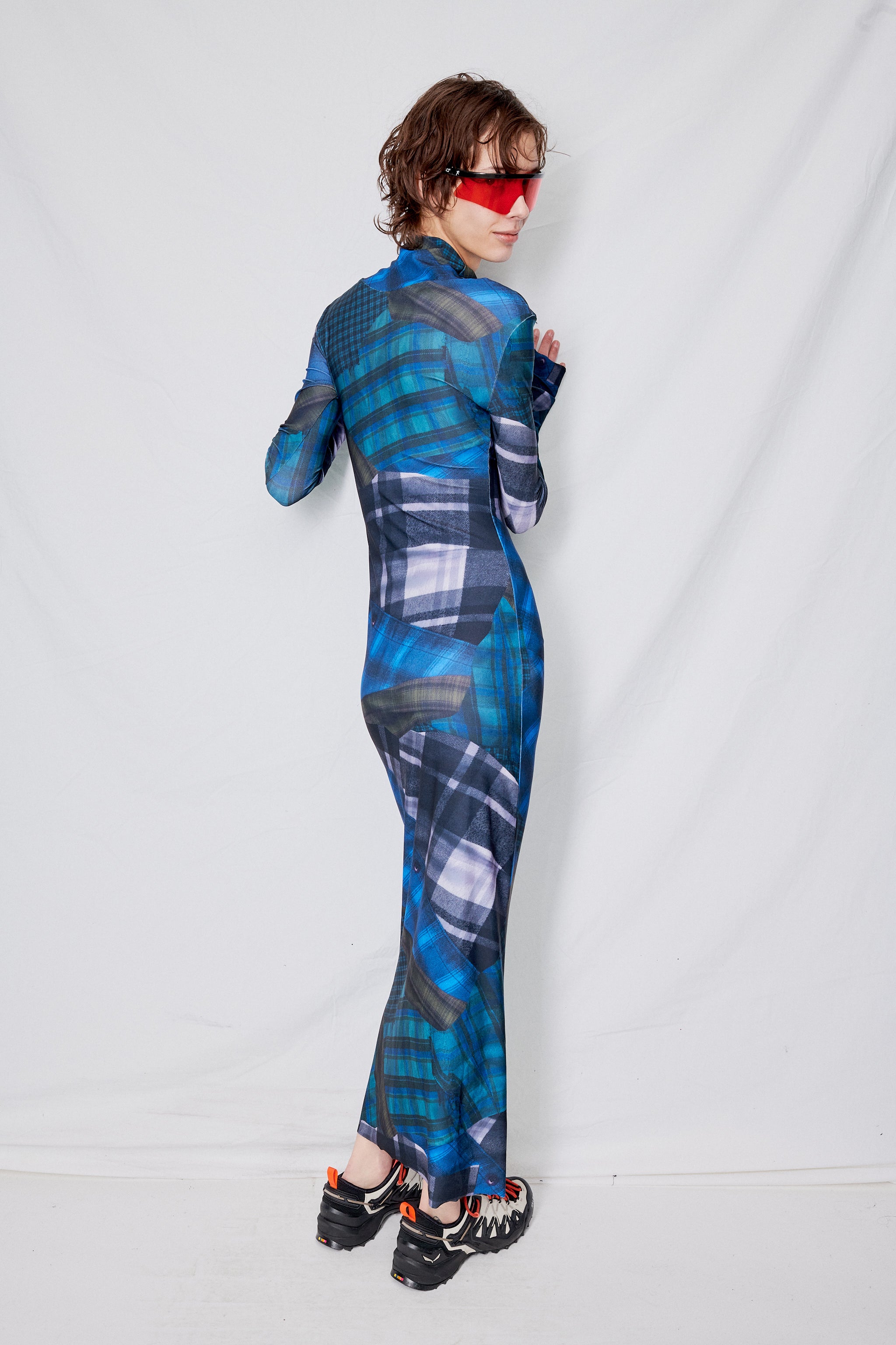 Mixed Flannel Print Jersey Long Sleeve Maxi Dress