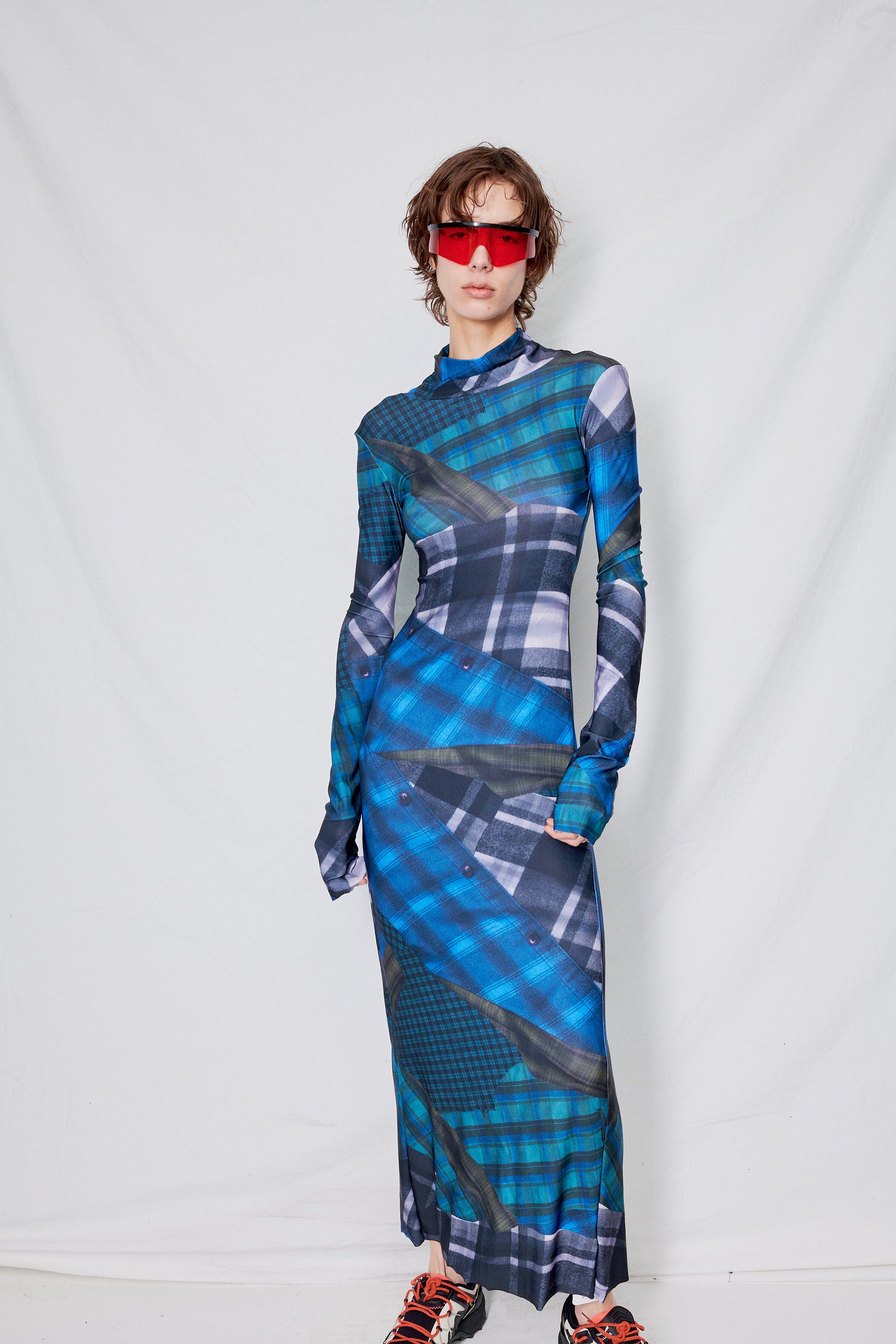 Mixed Flannel Print Jersey Long Sleeve Maxi Dress