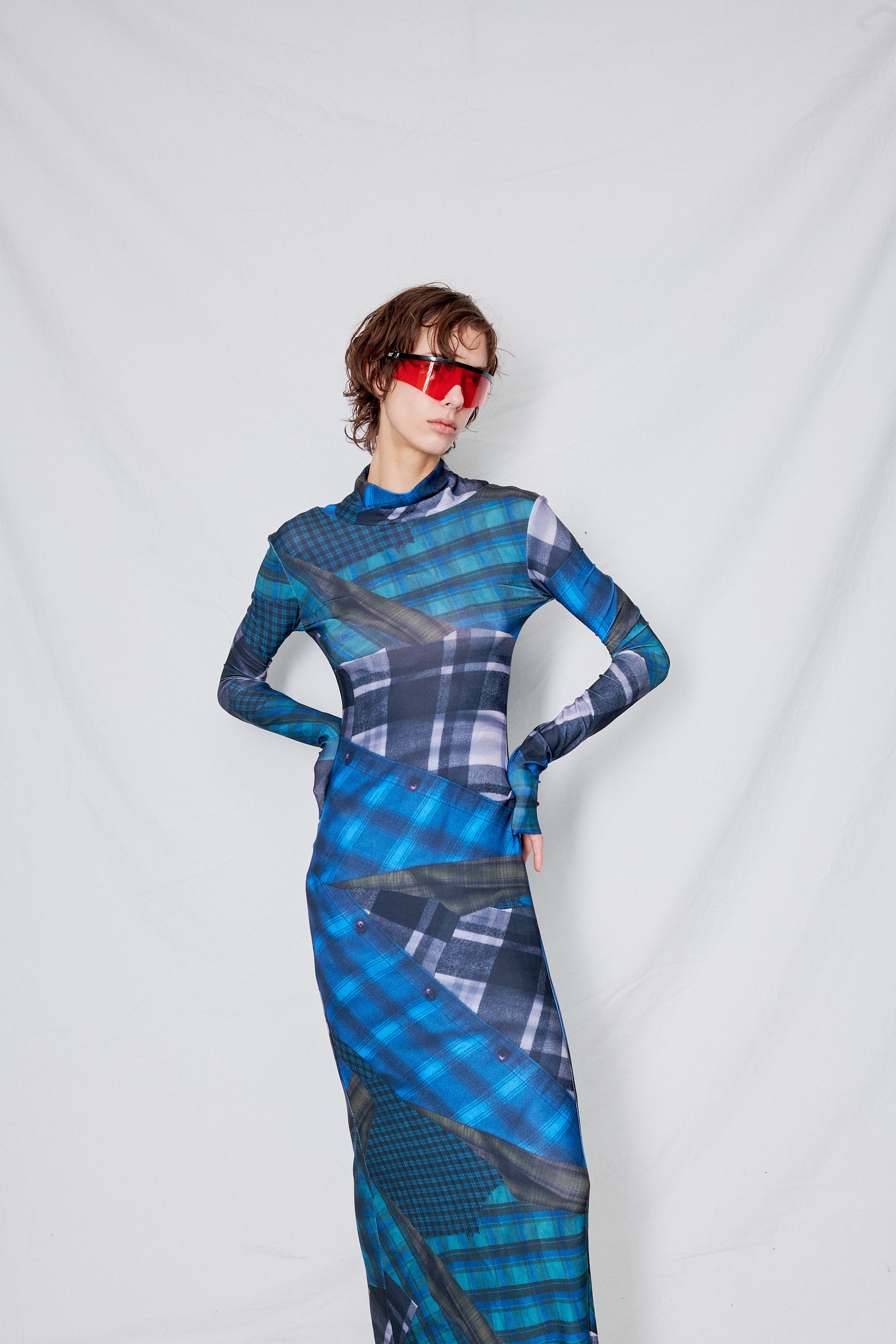 Mixed Flannel Print Jersey Long Sleeve Maxi Dress