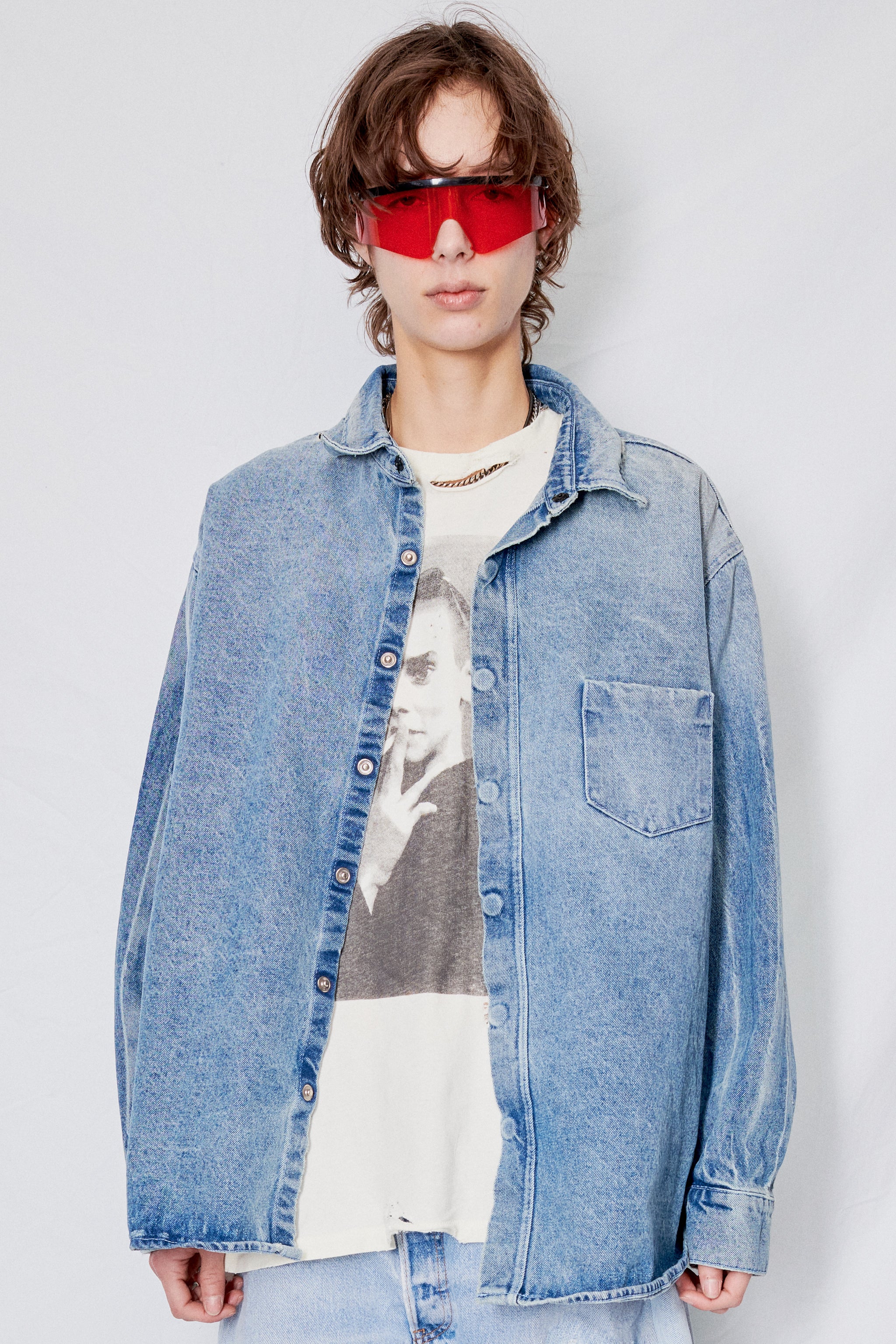 Light Wash Denim Loose Snap Shirt