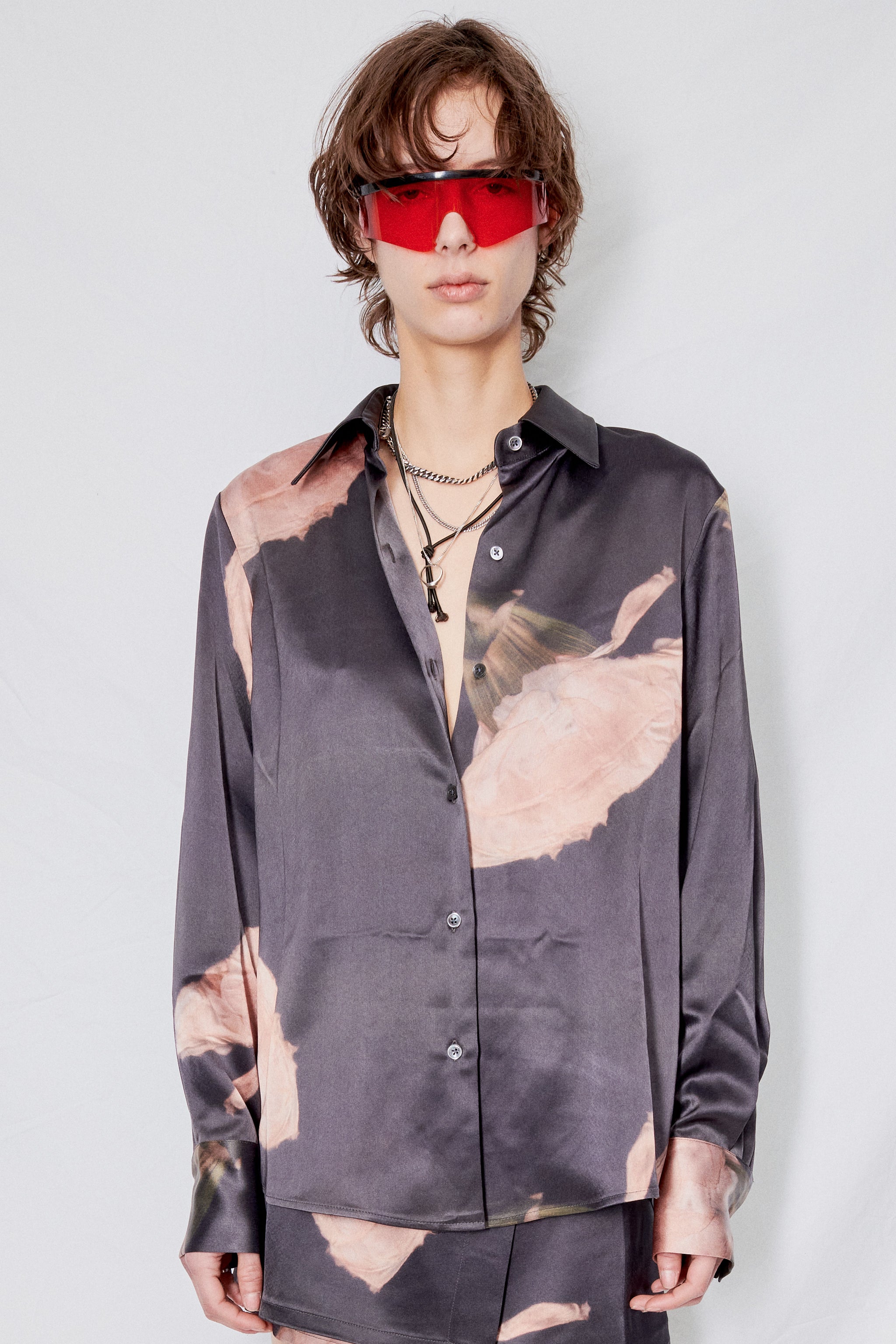 Floral Scan Print Acetate Long Sleeve Button Up