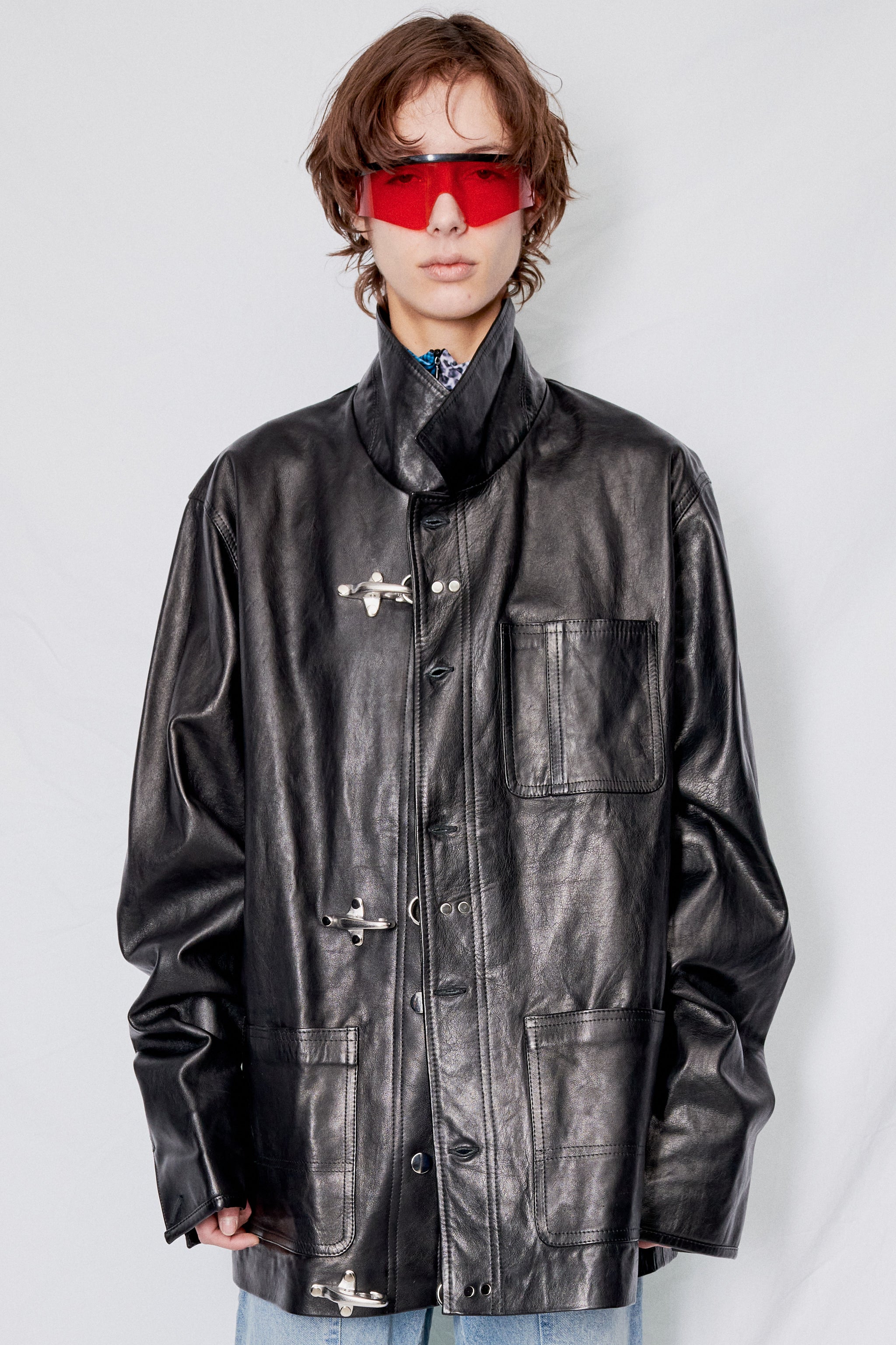 Black Leather Fireman Field Coat