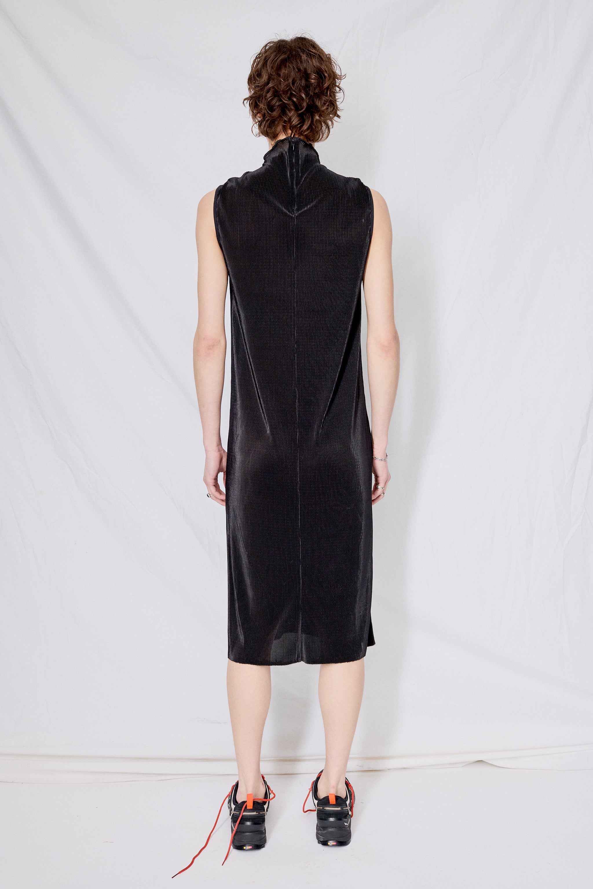 Black Micropleat Sleeveless Mockneck Dress