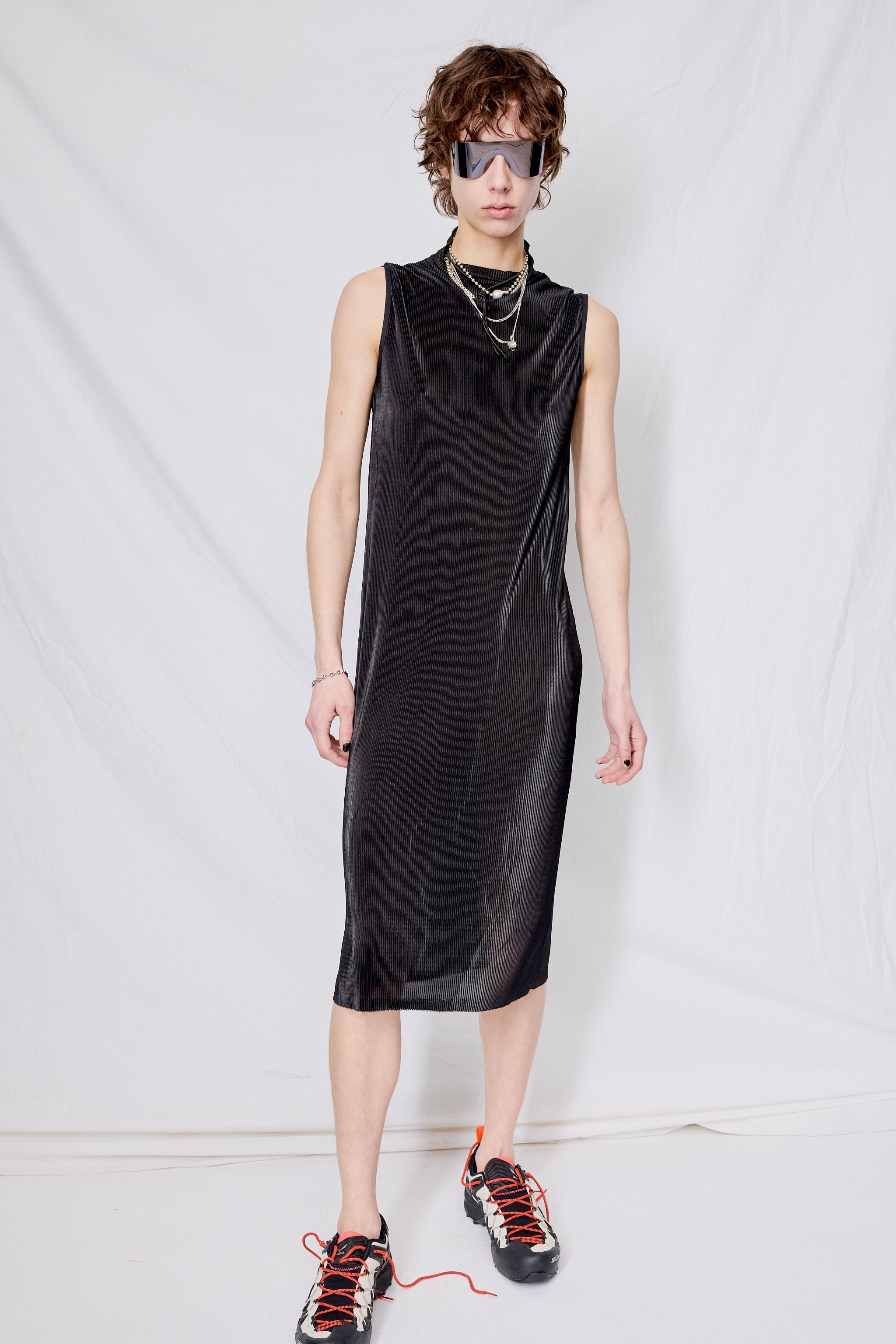 Black Micropleat Sleeveless Mockneck Dress