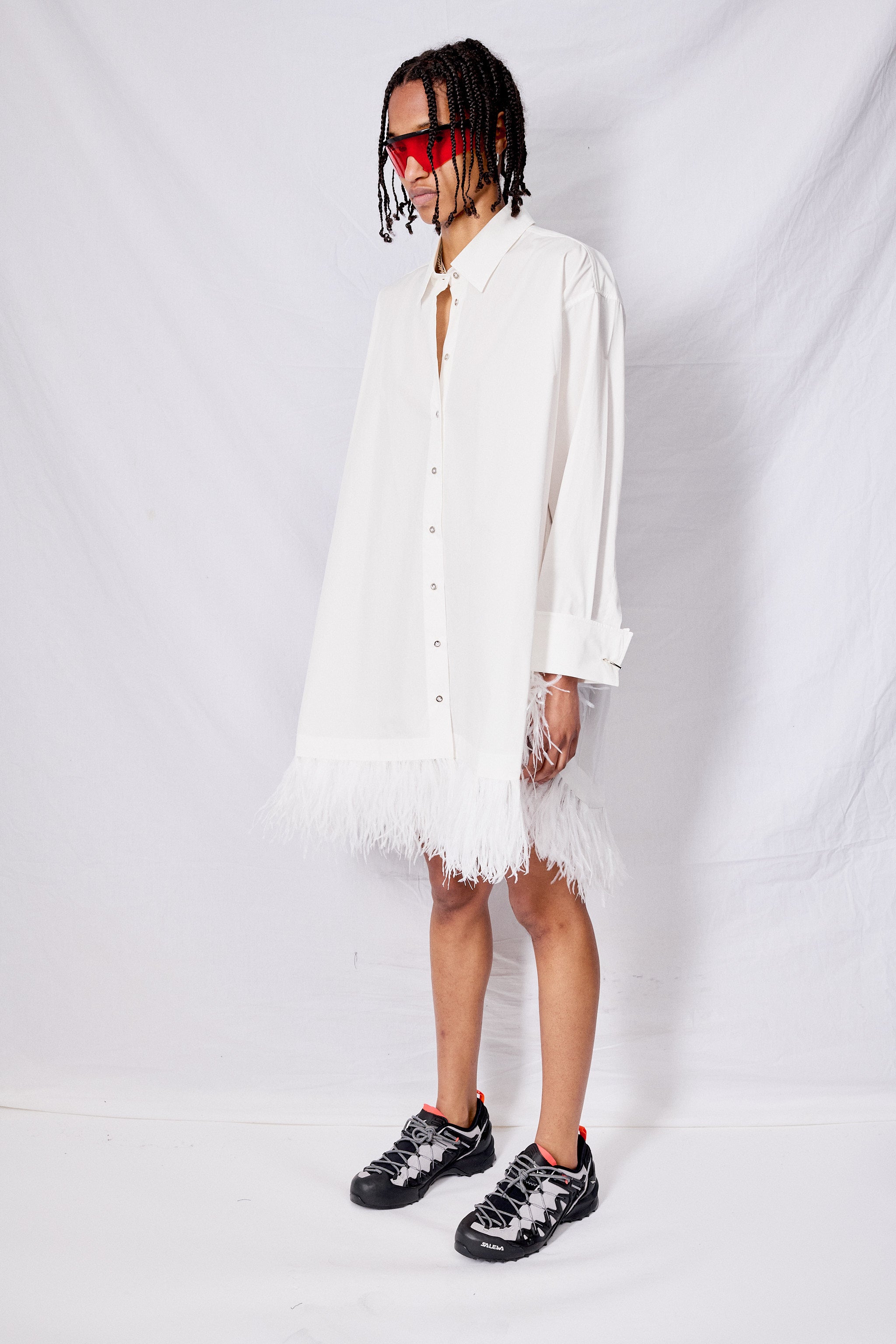 White Feather Hem Shirt Dress
