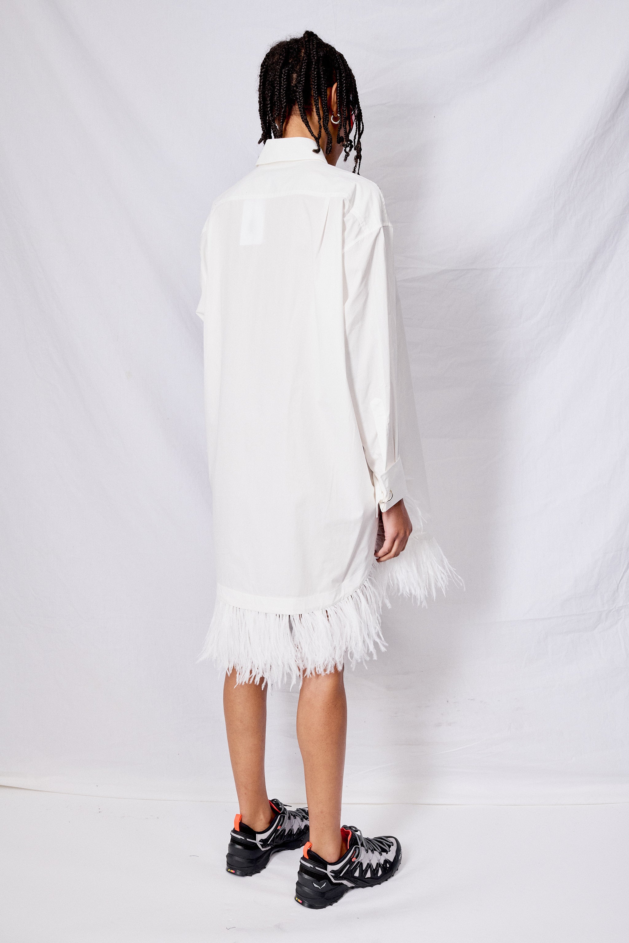 White Feather Hem Shirt Dress