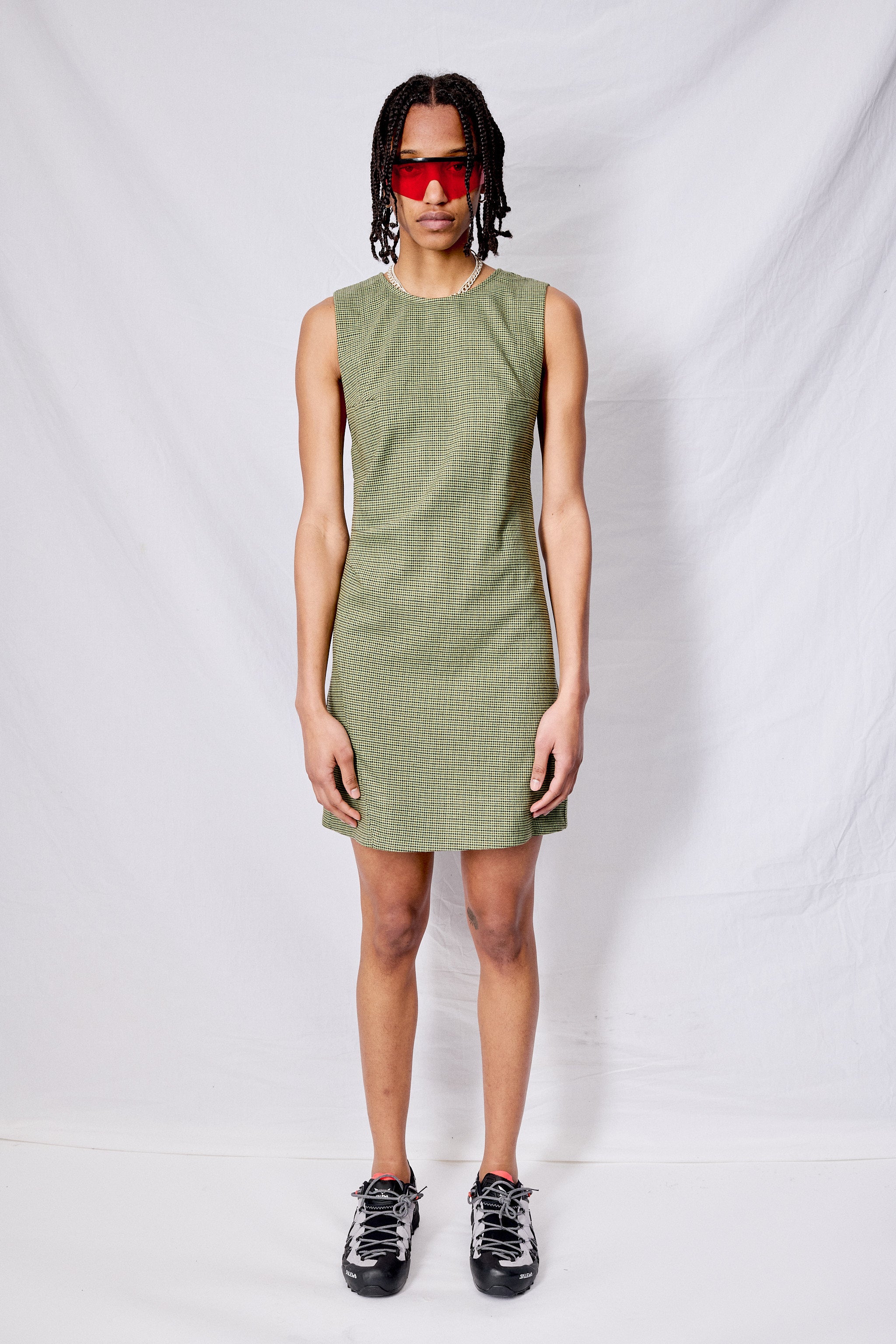 Green Houndstooth Suiting Sleeveless Mini Dress