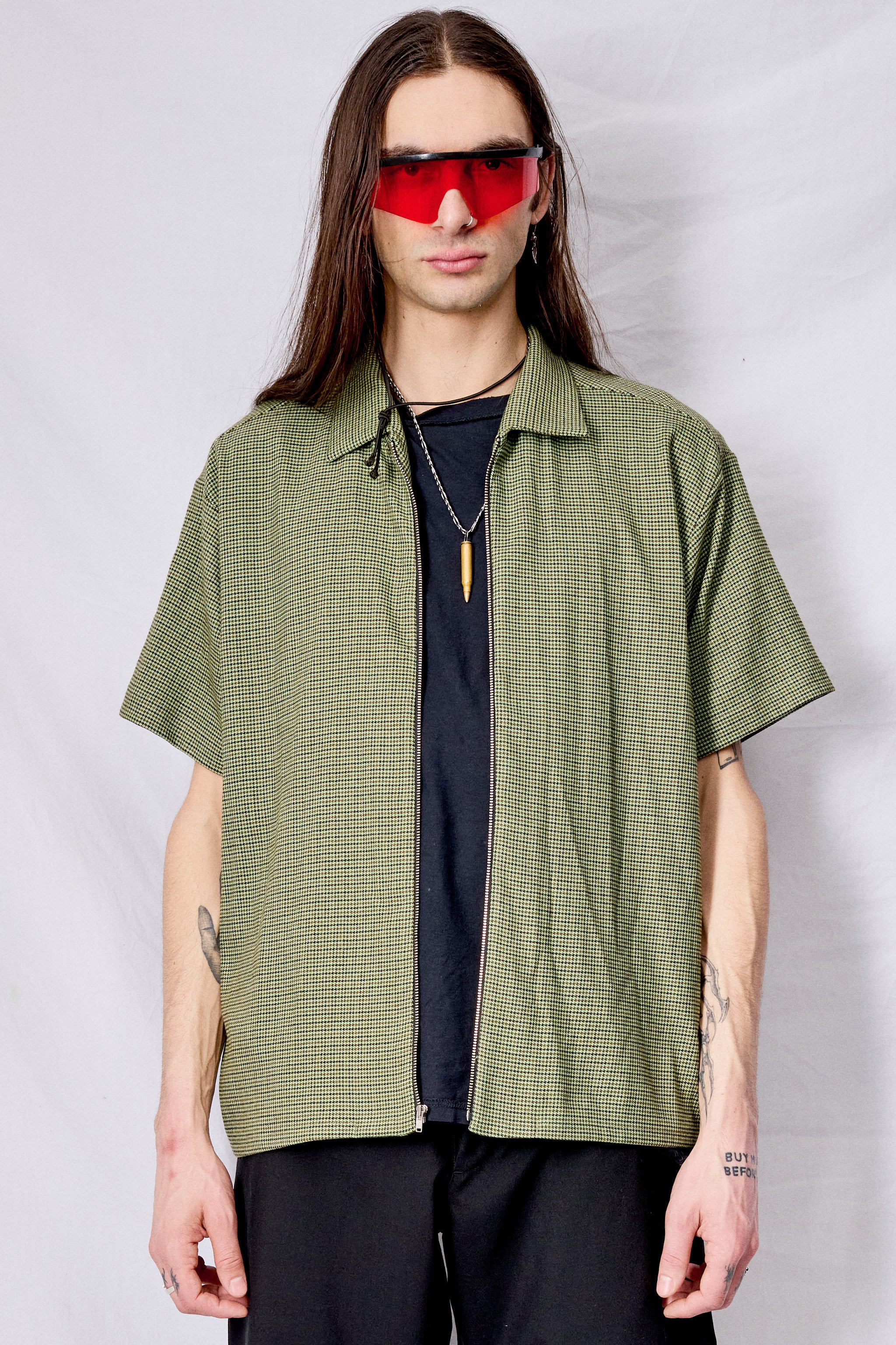 Green Houndstooth Suiting Zip Camp Shirt
