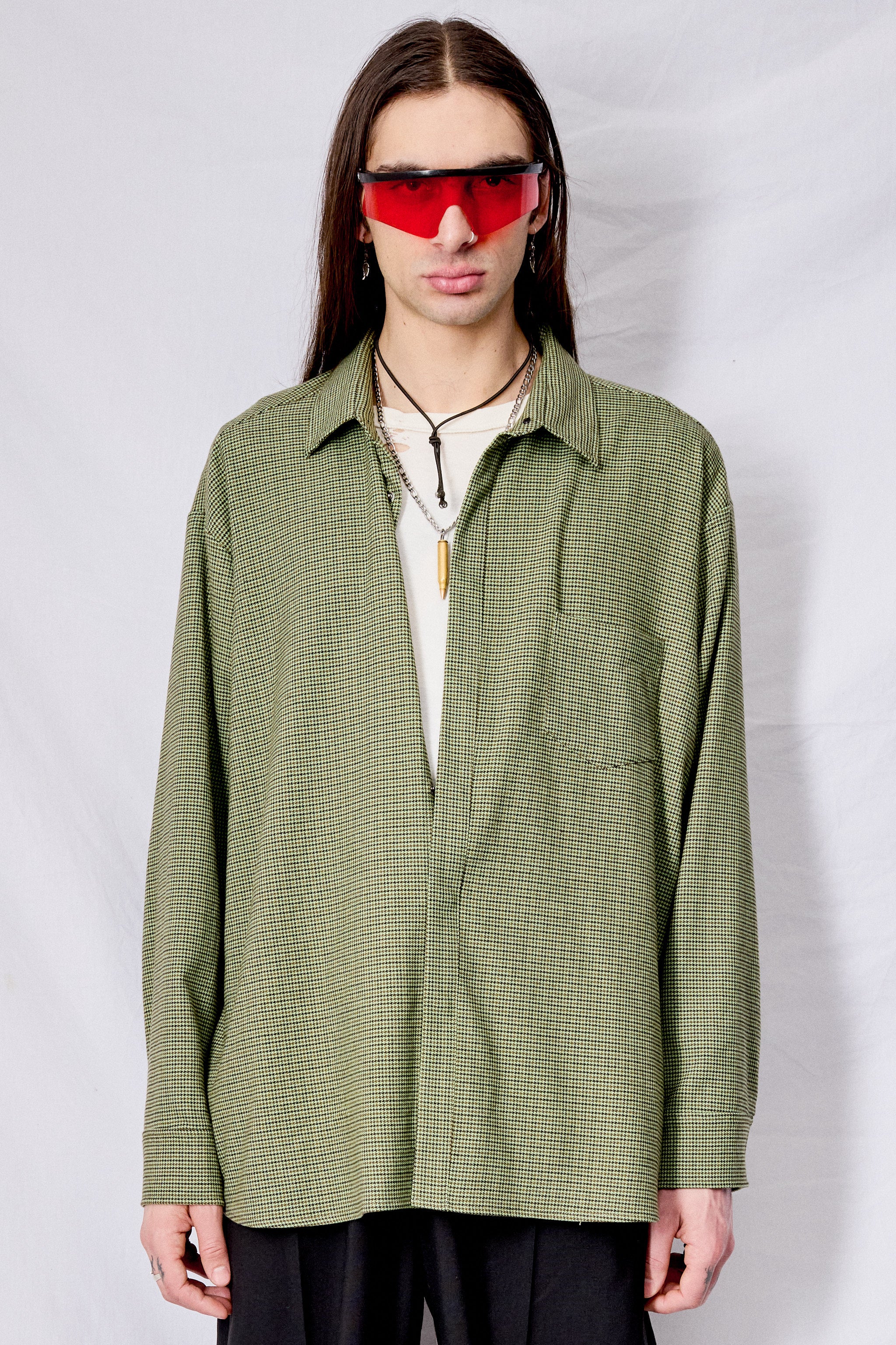 Green Houndstooth Suiting Loose Snap Shirt