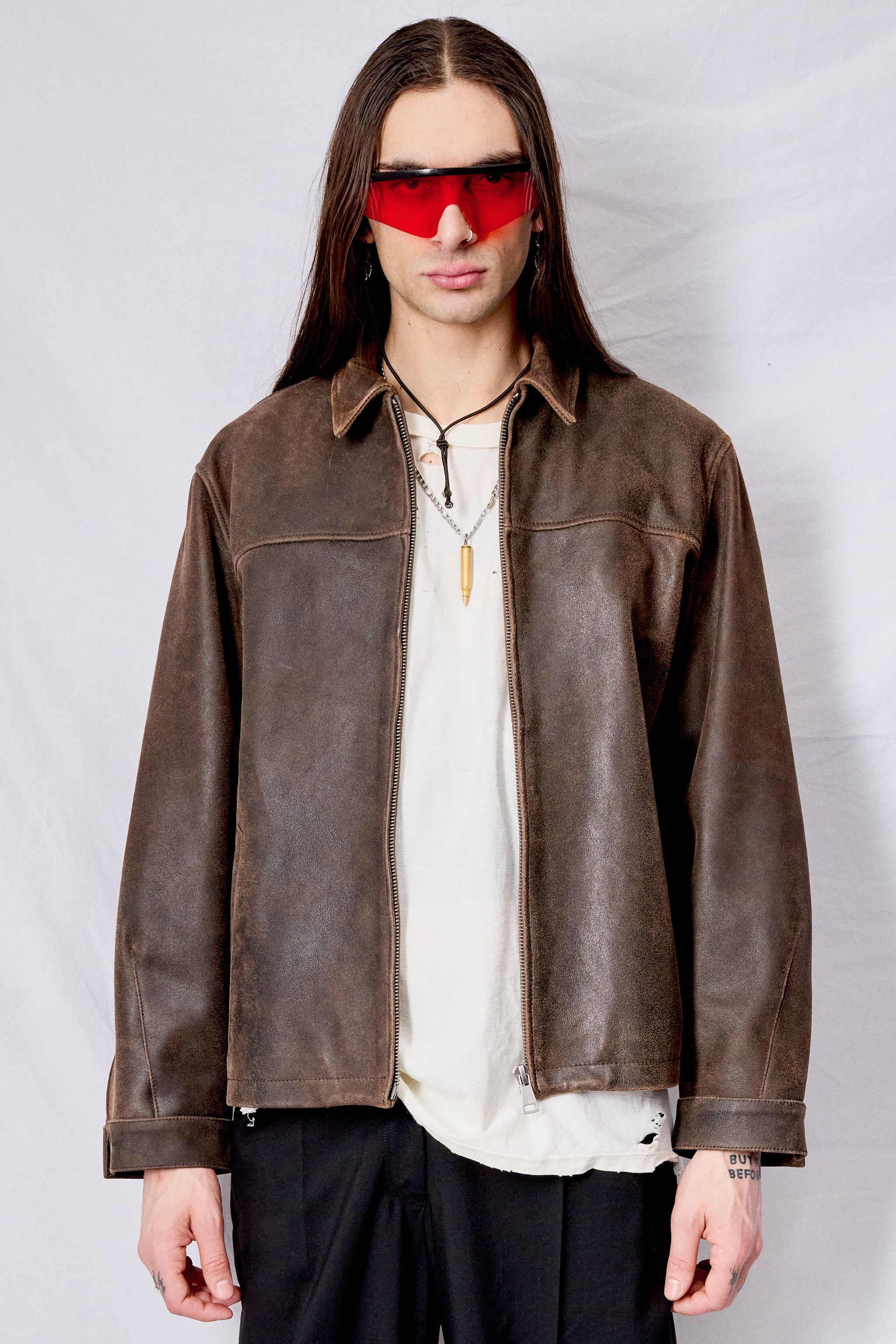 Brown Cracked Leather Zip Jacket