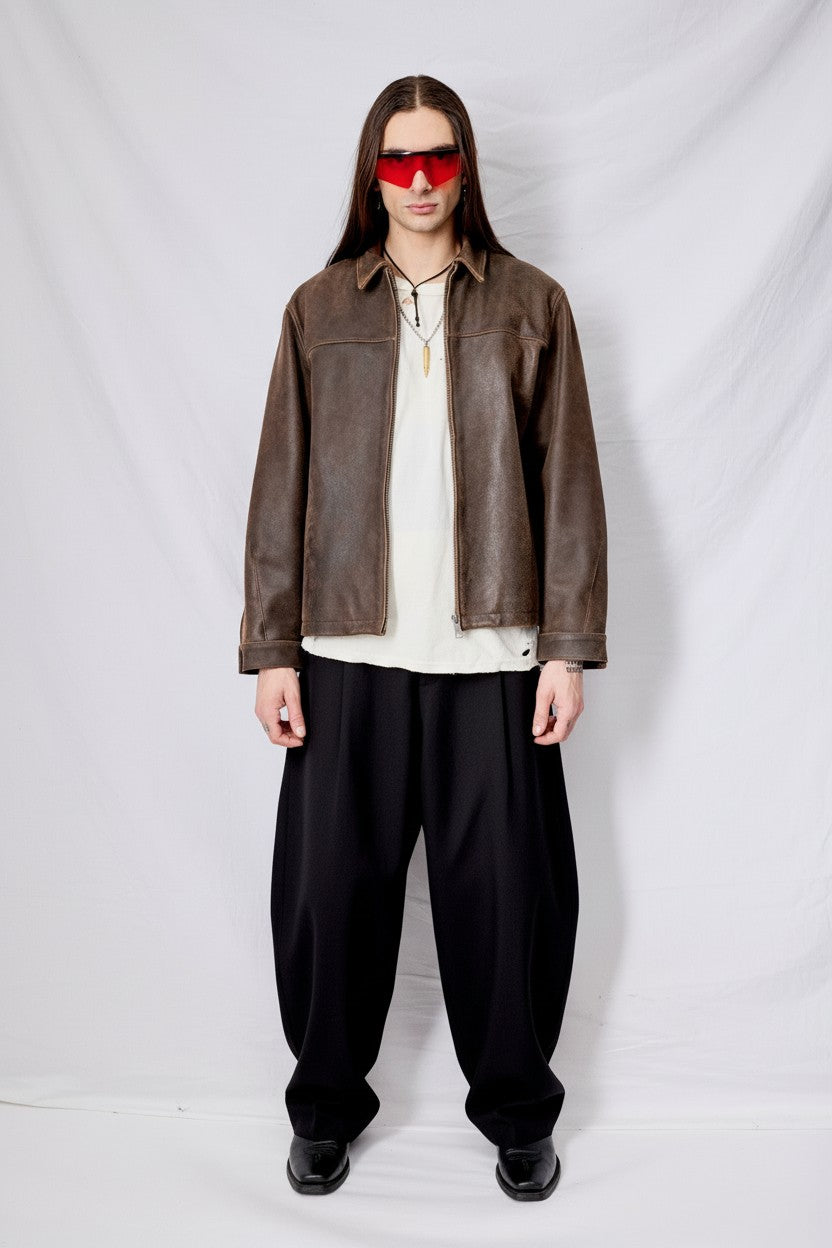 Brown Cracked Leather Zip Jacket - Assembly New York