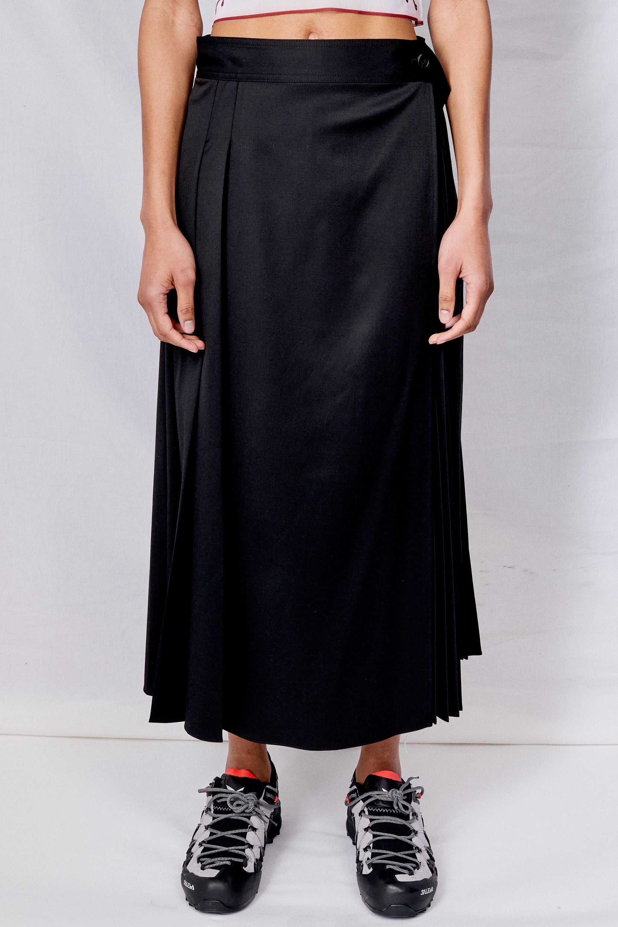 Black Wool Pleated Wrap Skirt