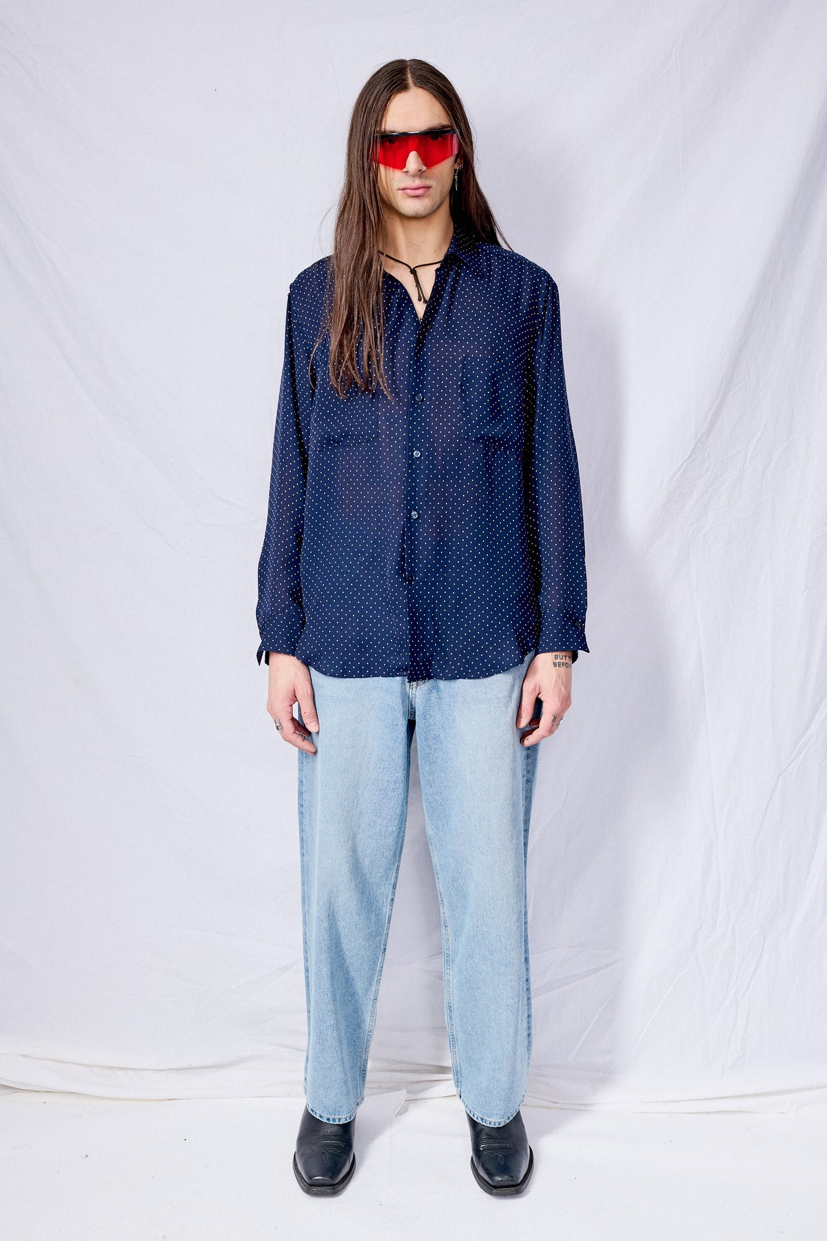 Navy Blue Polka Dot Rayon Dress Shirt - Adyela M Navy Blue Polka Dot Rayon Dress Shirt - Adyela M