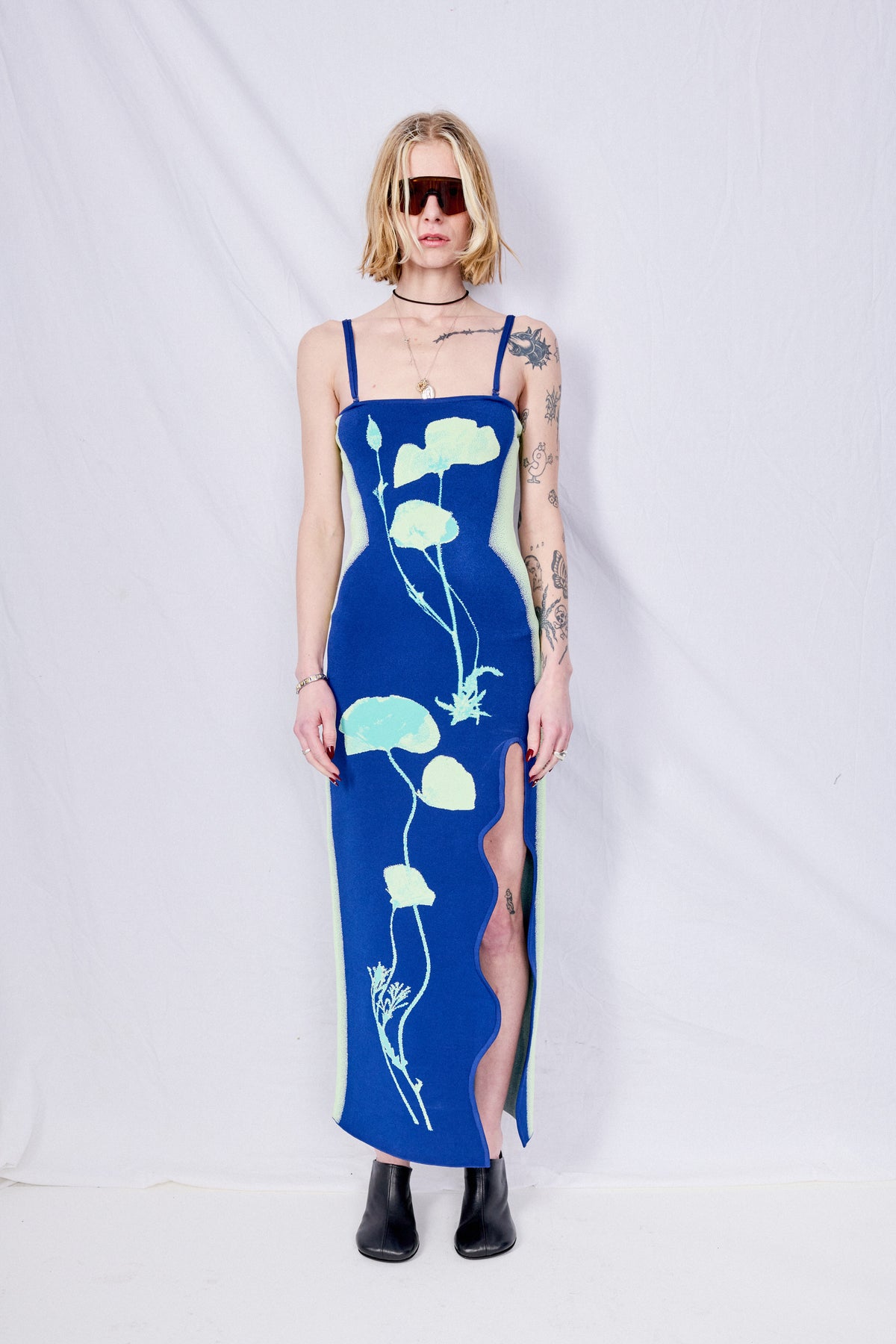 Bold Floral Print Navy Blue Sleeveless Maxi Dress