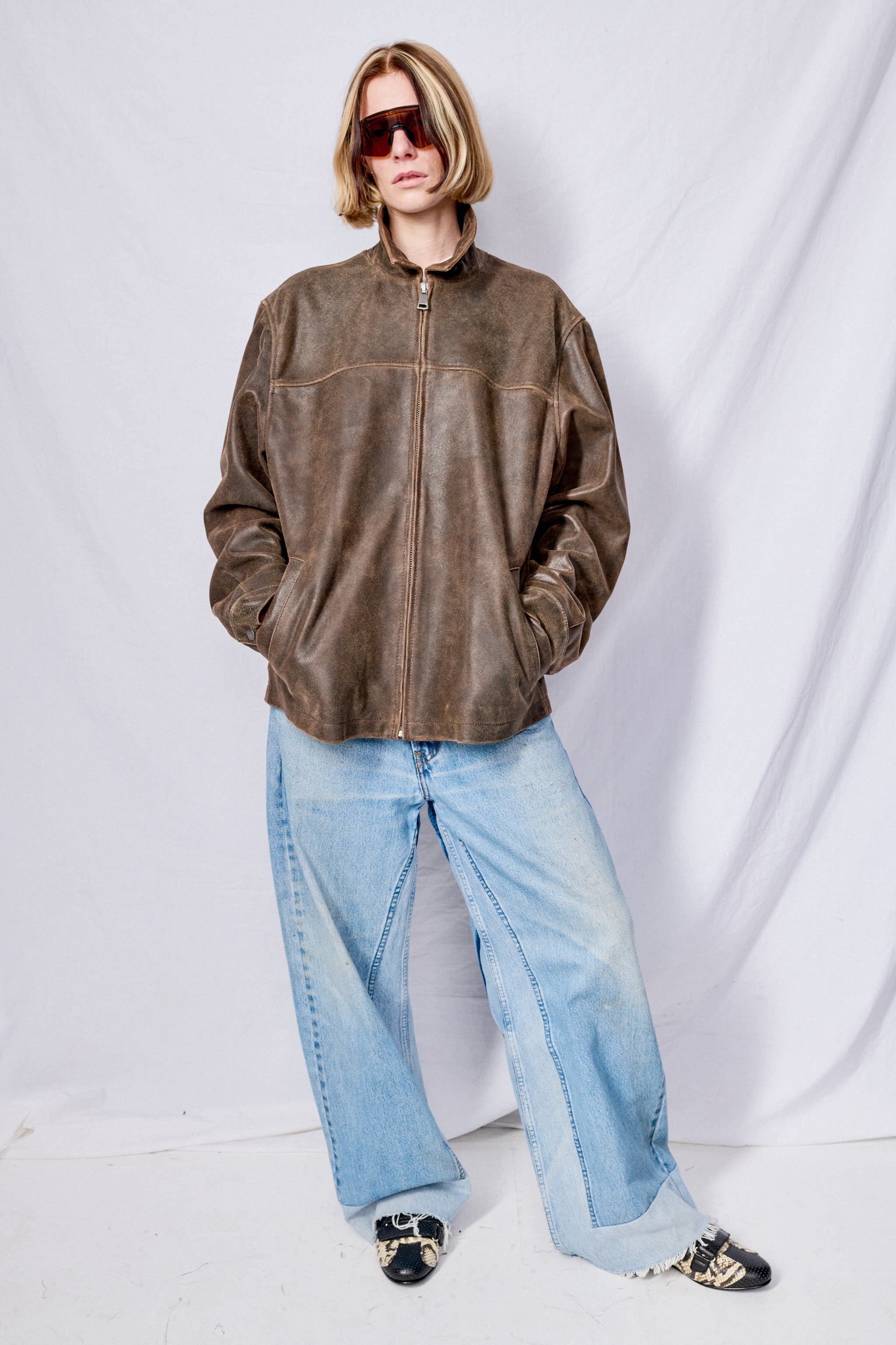 Brown Cracked Leather Zip Jacket - Assembly New York
