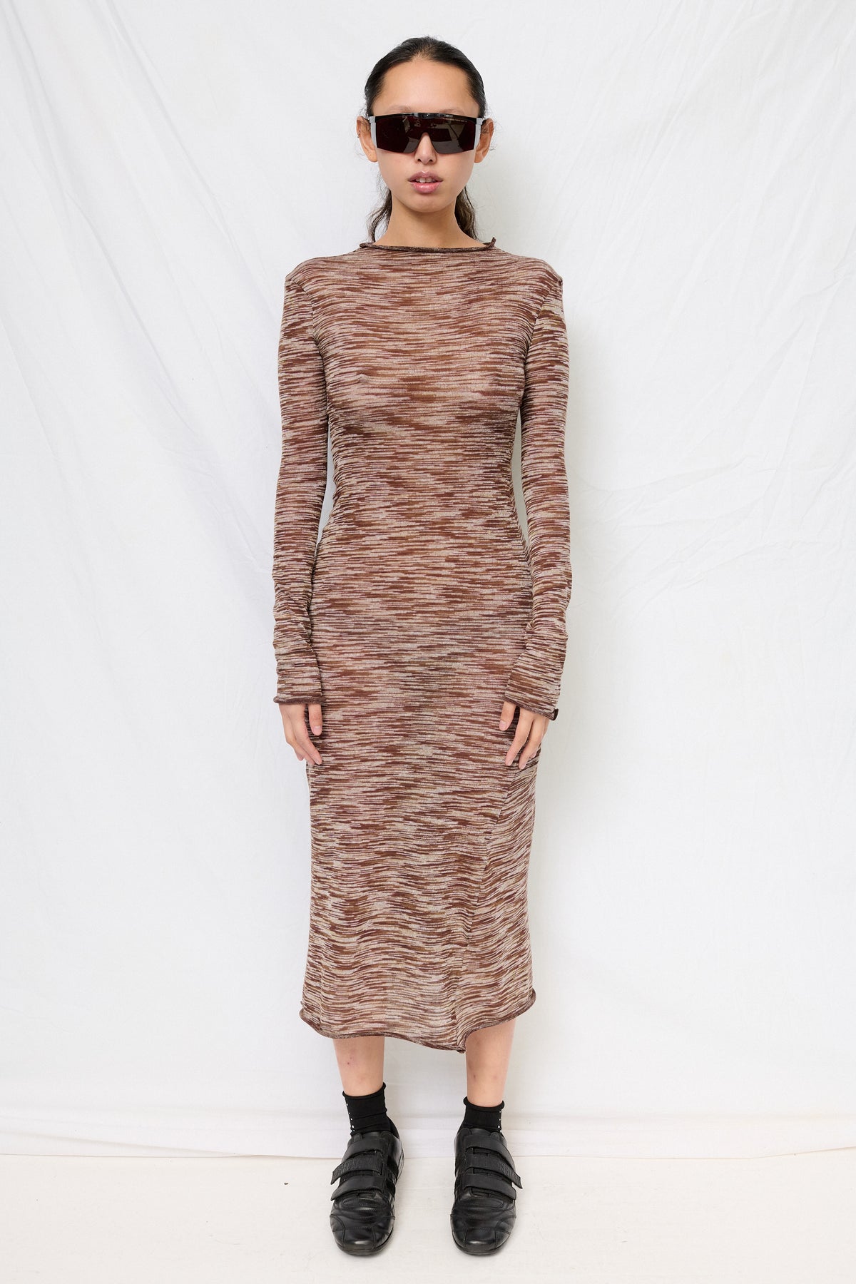 long sleeve mock neck dress Brown Variegated Knit Mockneck S Ucenter Dress Ross Dress Ruched Sheer Collection:WK47REPEAT COLOR:BLUE BLACK DENIM