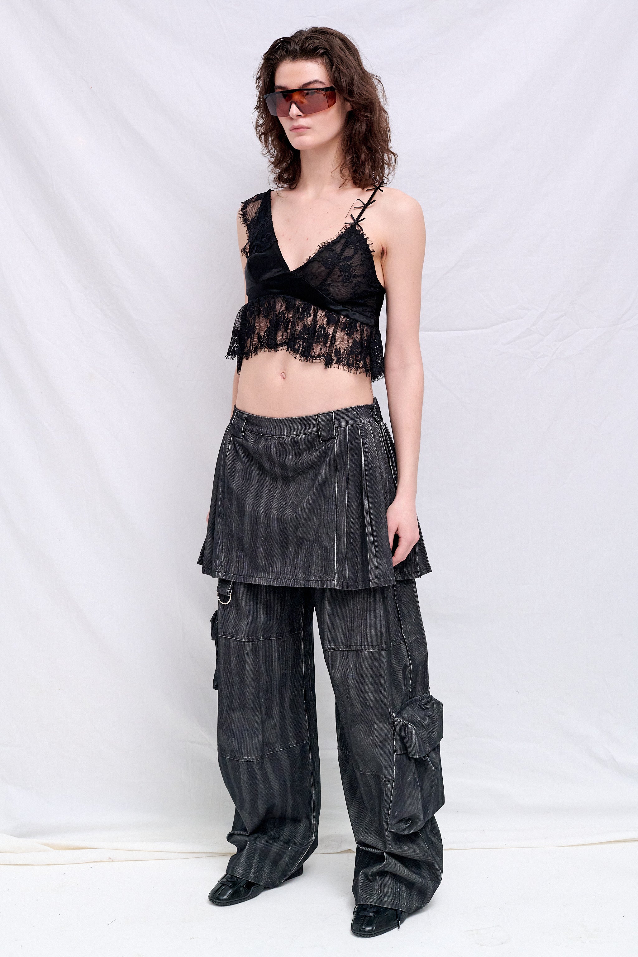 Black Wavy Flower Stripe Corduroy Lawn Skirt Cargo Pant - Collina