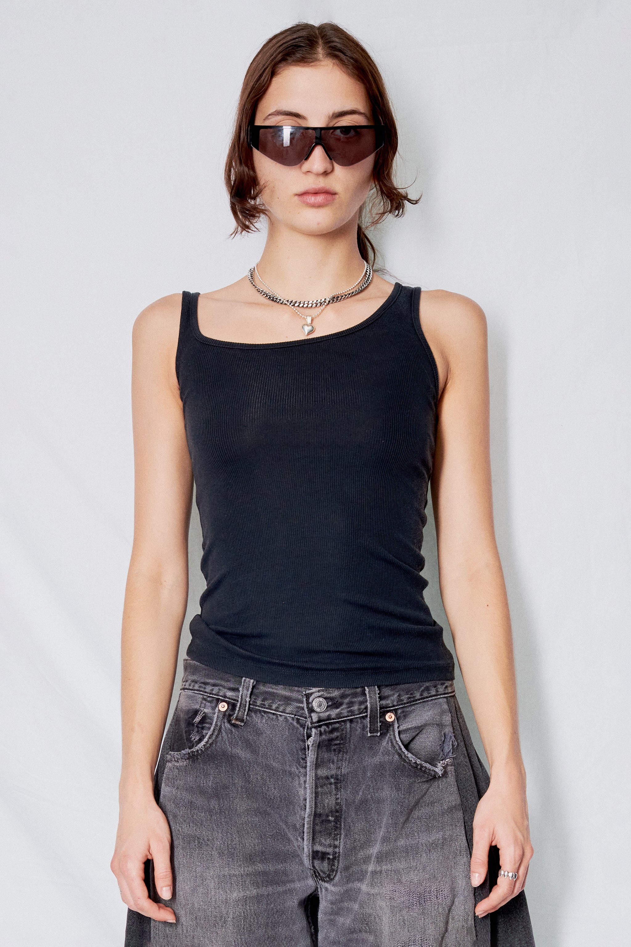 Black Ribbed Jersey Asymmetric Tank