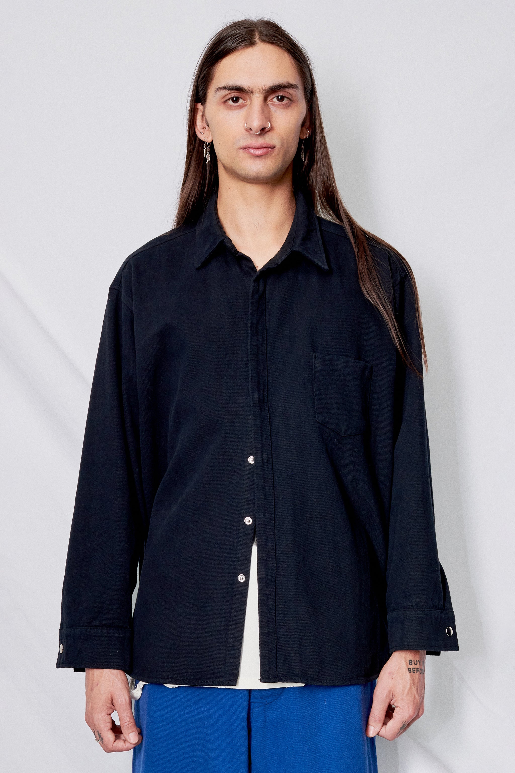 Black Denim Loose Snap Shirt