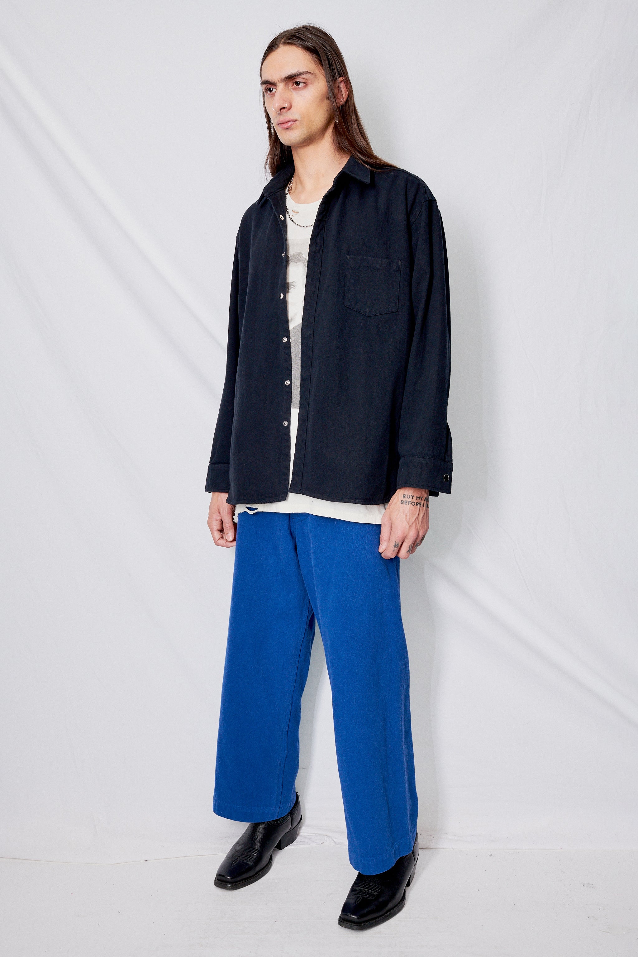 Black Denim Loose Snap Shirt