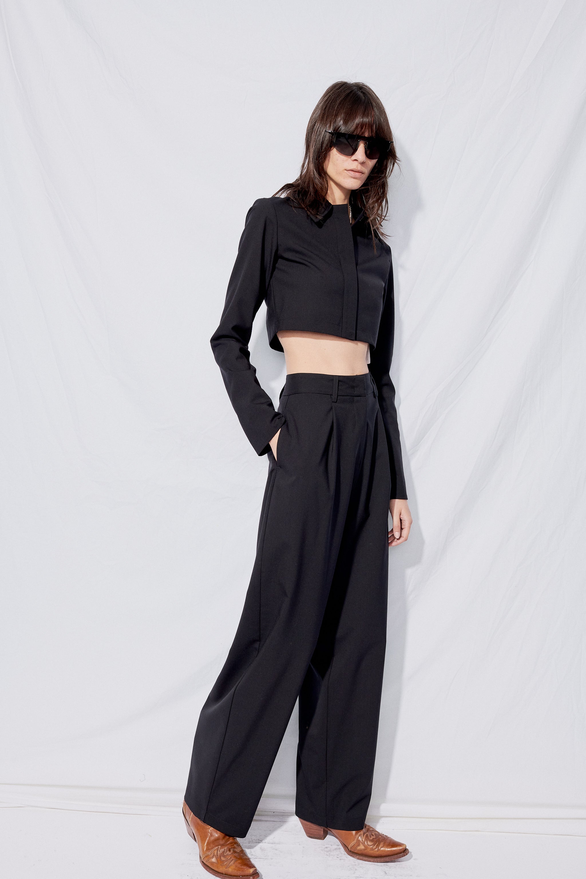Black Suiting Crop Rugby Top