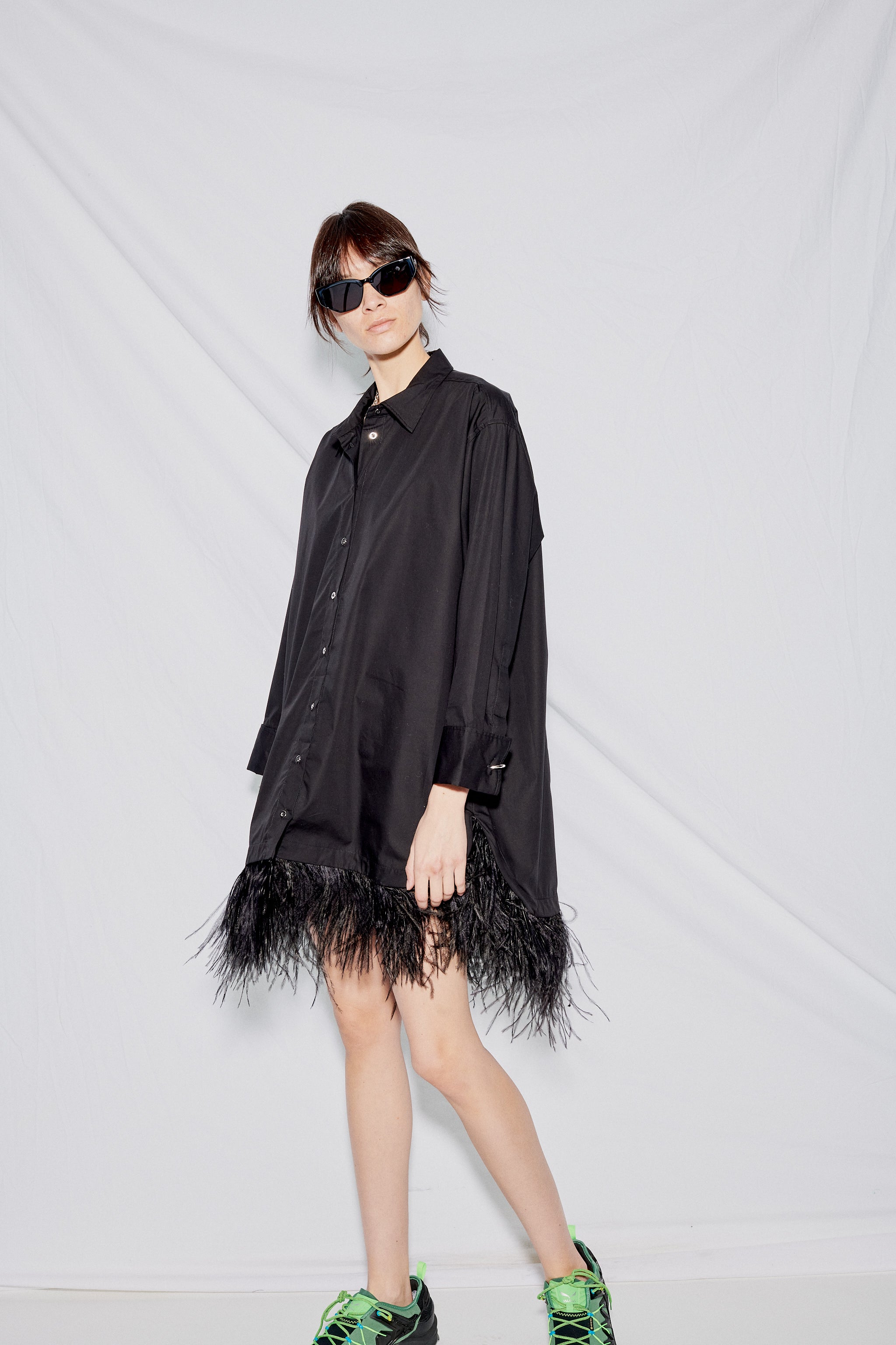 Black Feather Hem Shirt Dress