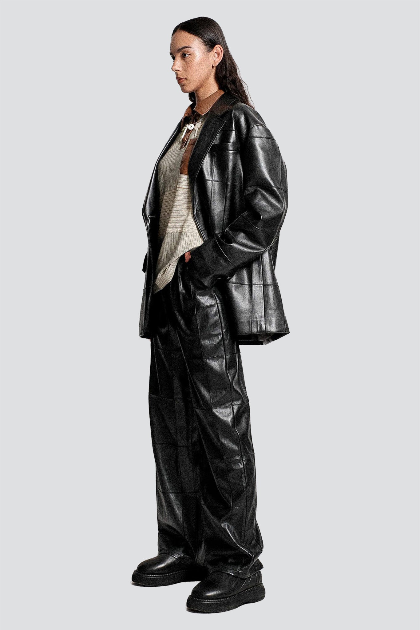 Black Vegan Leather Pintuck Asymmetric Blazer