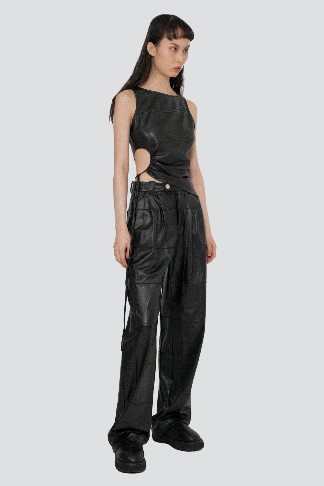 Black Vegan Leather Circled Top