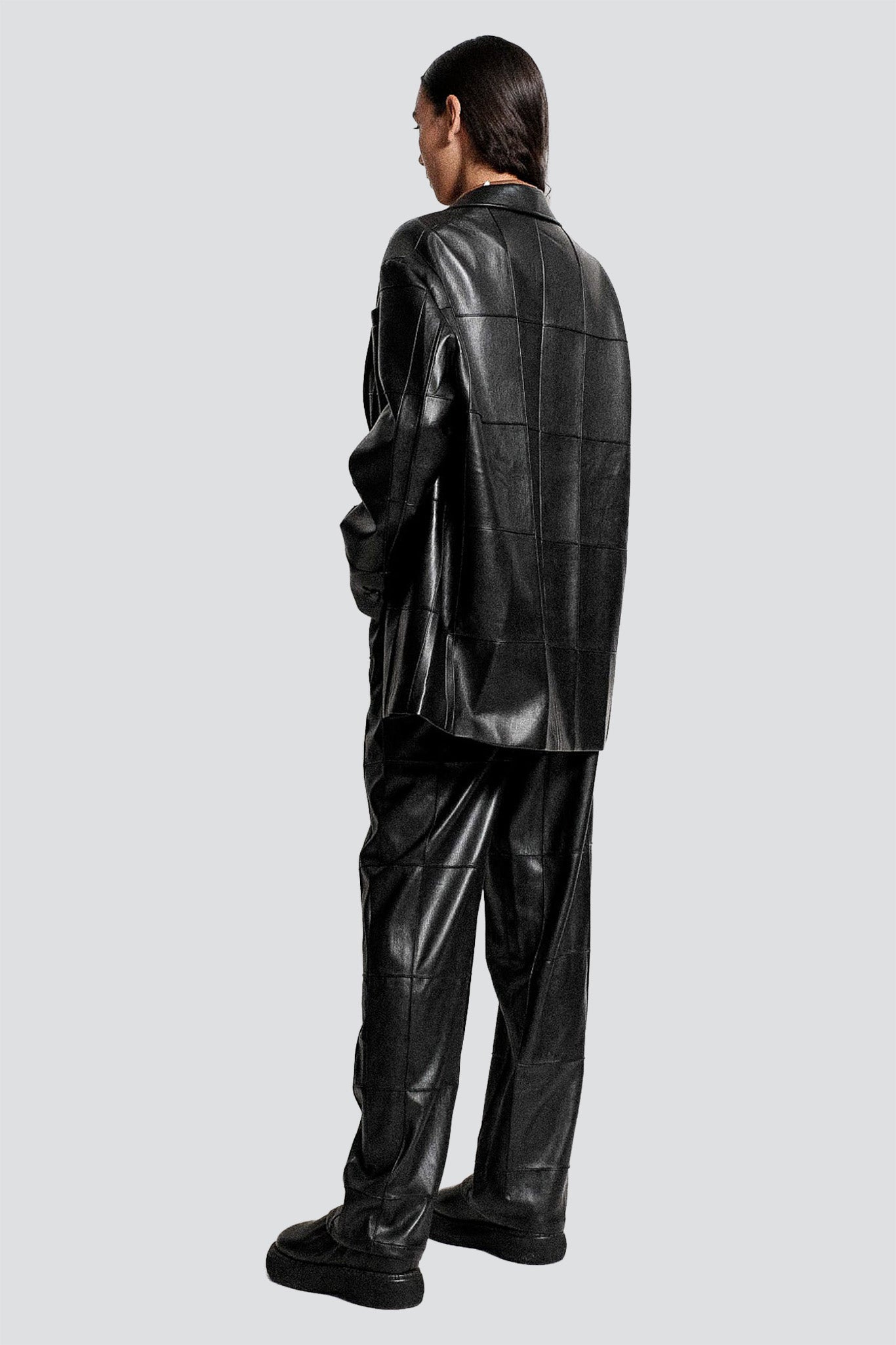 Black Vegan Leather Pintuck Asymmetric Blazer