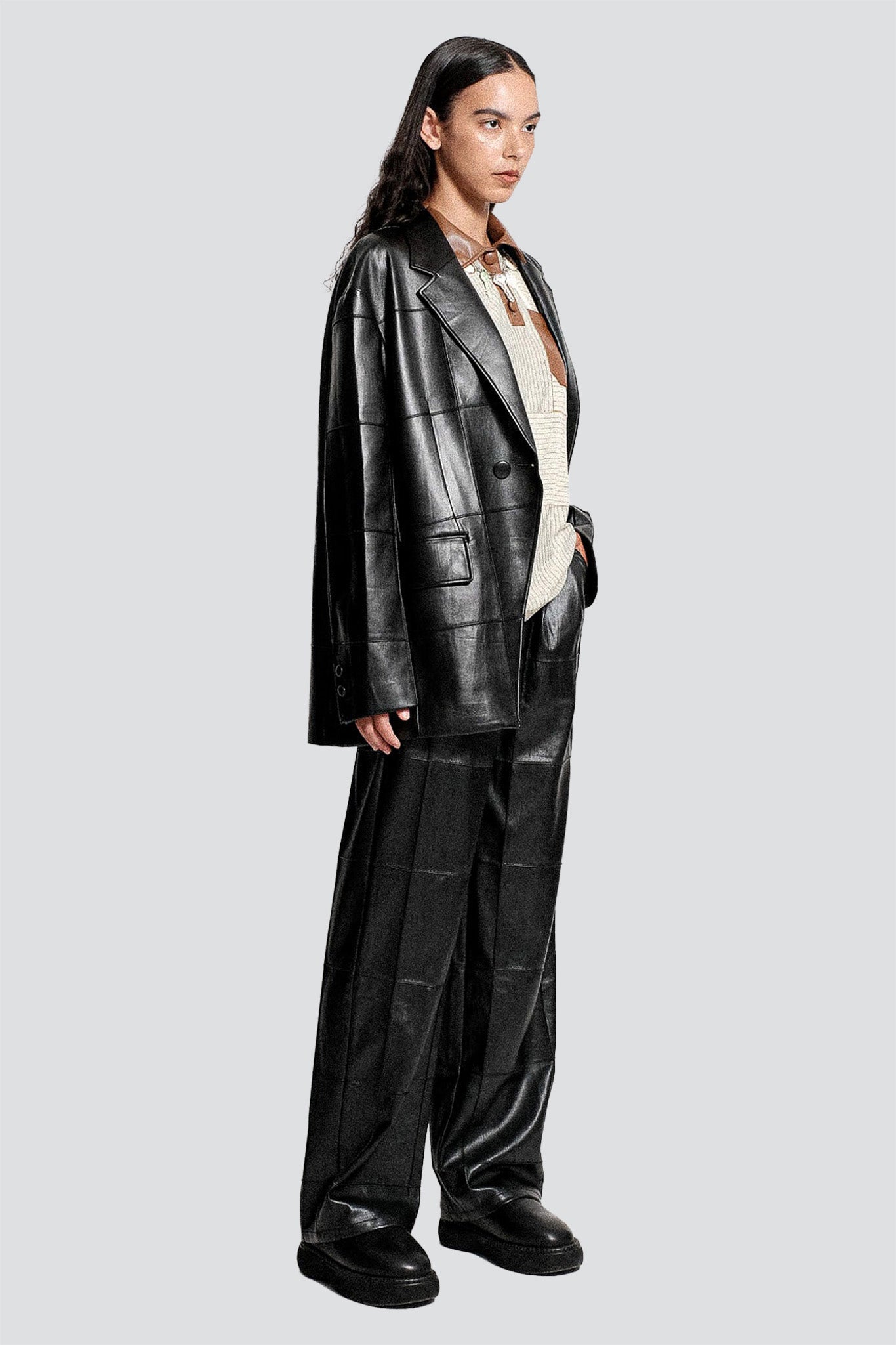 Black Vegan Leather Pintuck Asymmetric Blazer