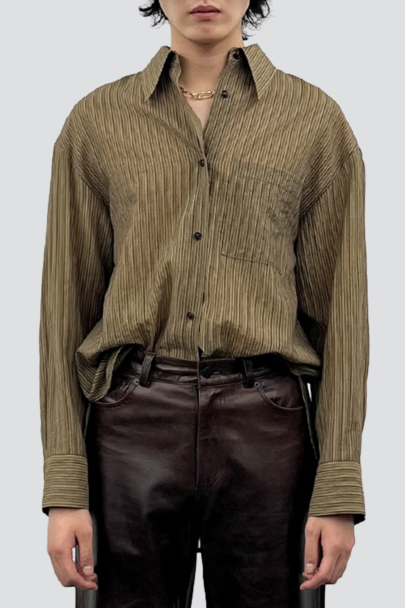 Olive Stripe Lyocell Oversized Shirt