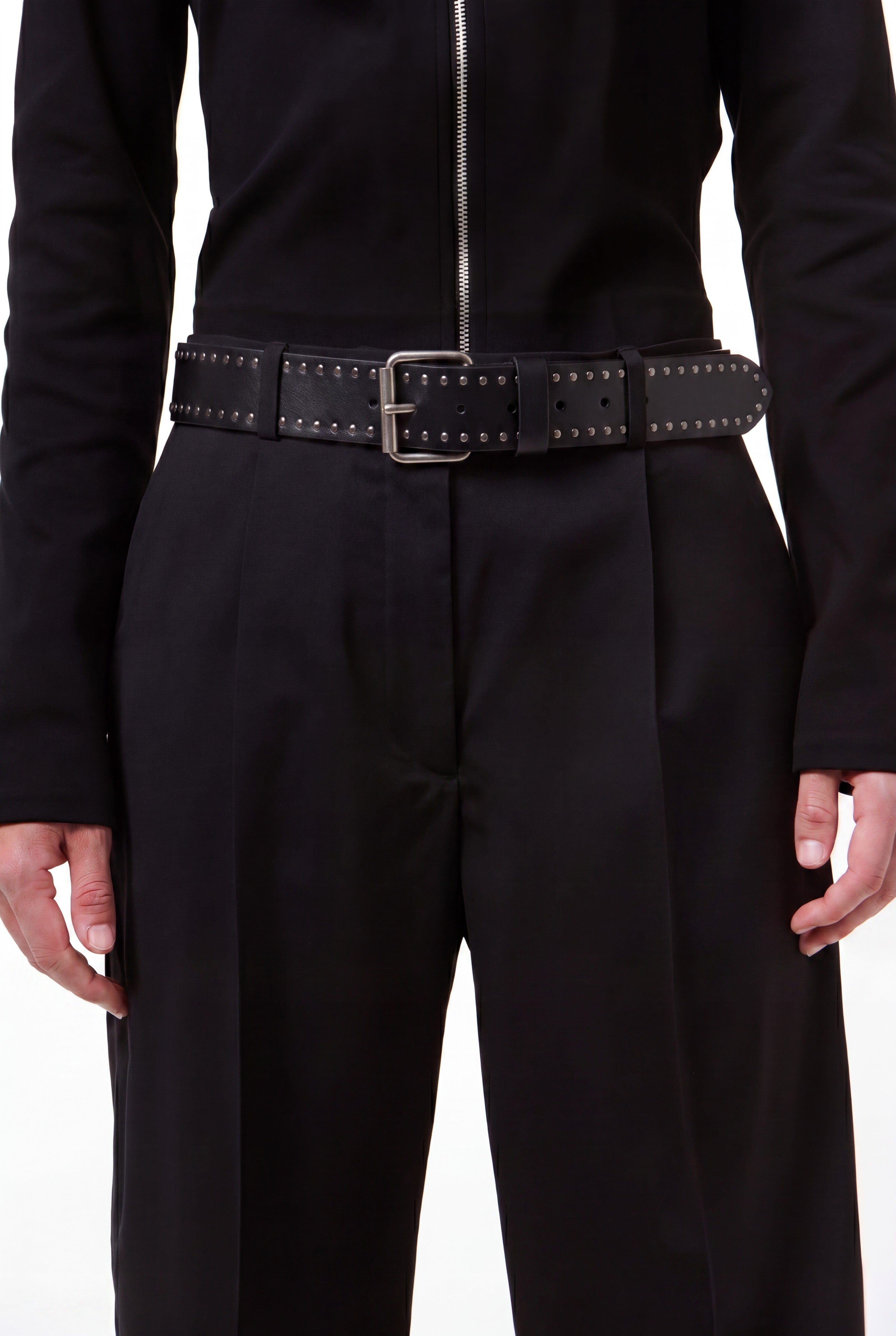 Black Leather Wide Double Stud Belt
