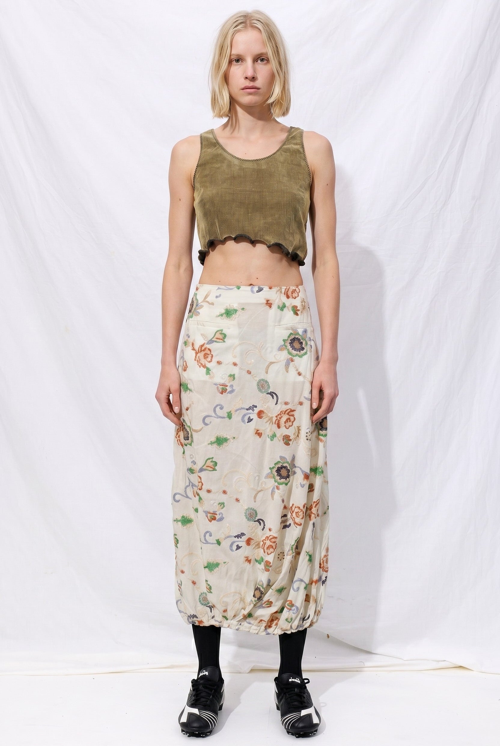 Floral Sequin Embellished Tencel Pintuck Skirt