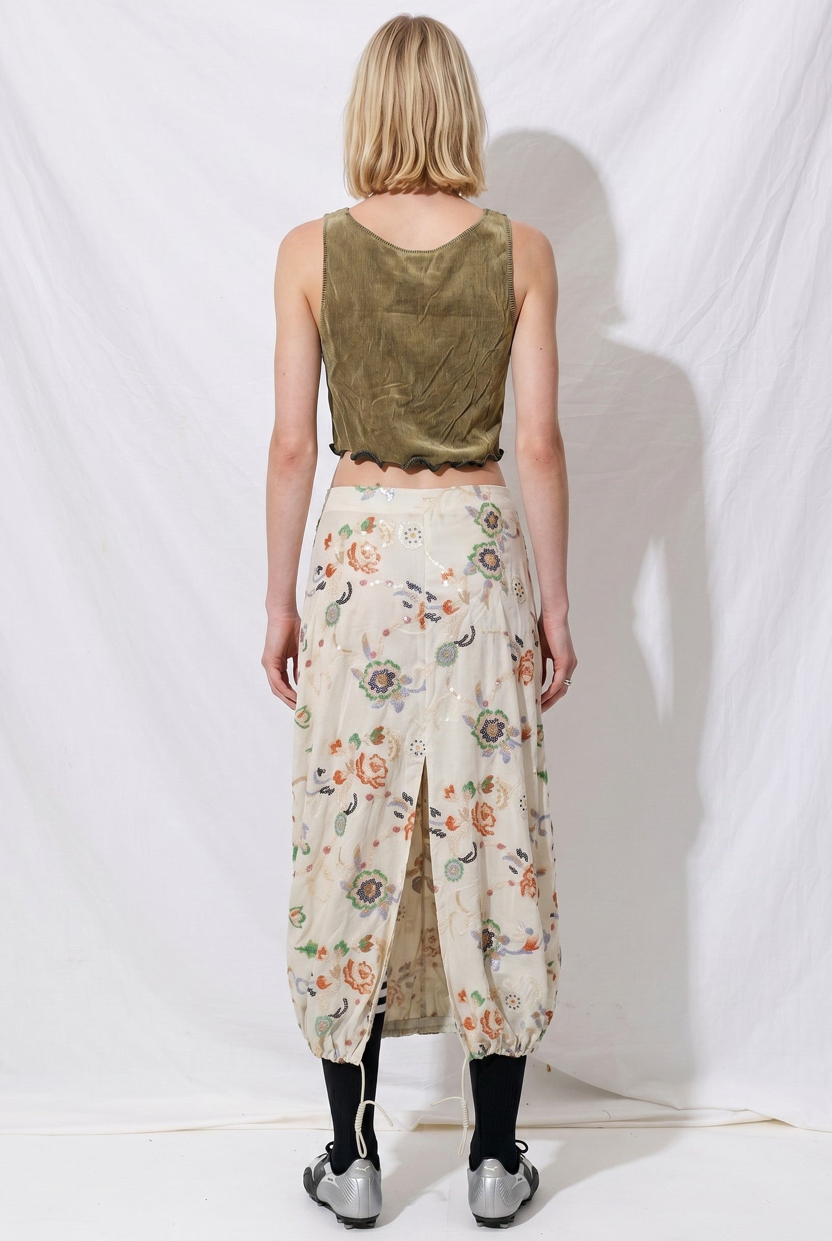 Floral Sequin Embellished Tencel Pintuck Skirt