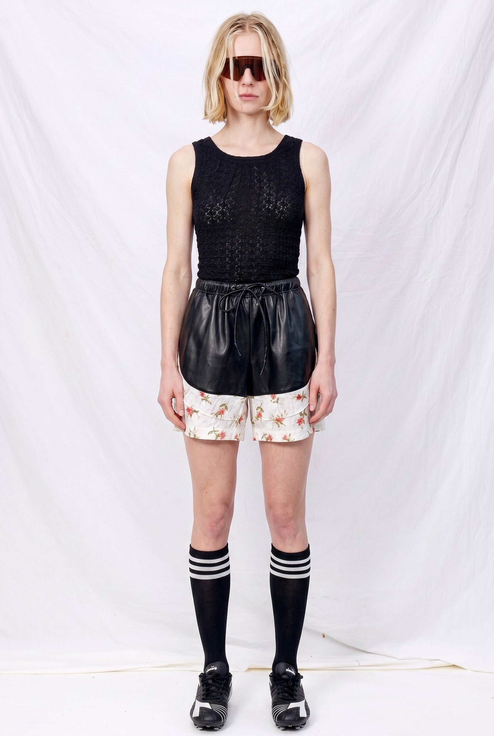 White Floral Jersey Pintuck Vegan Leather Shorts