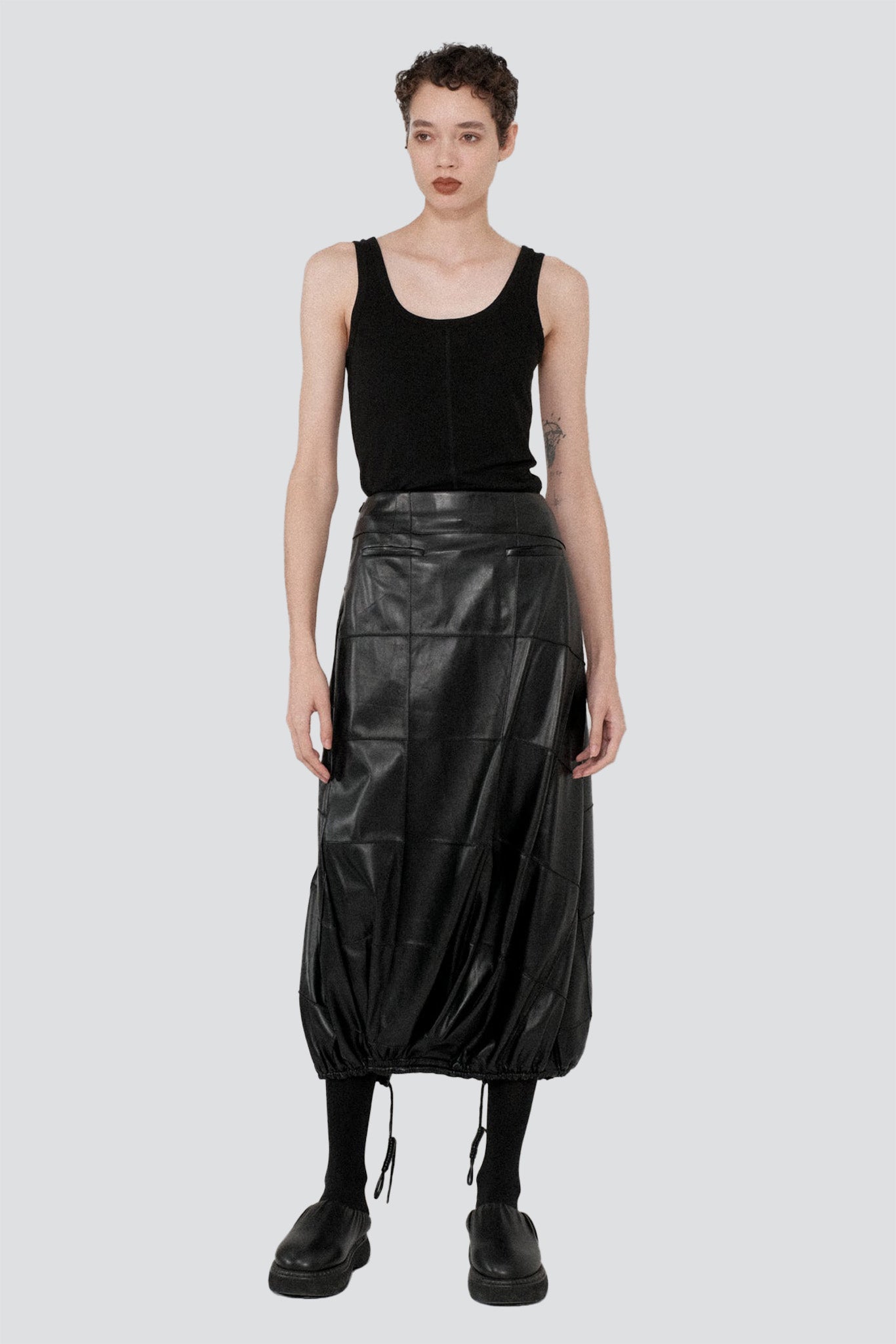 Black Vegan Leather Pintuck Shirred Bubble Skirt