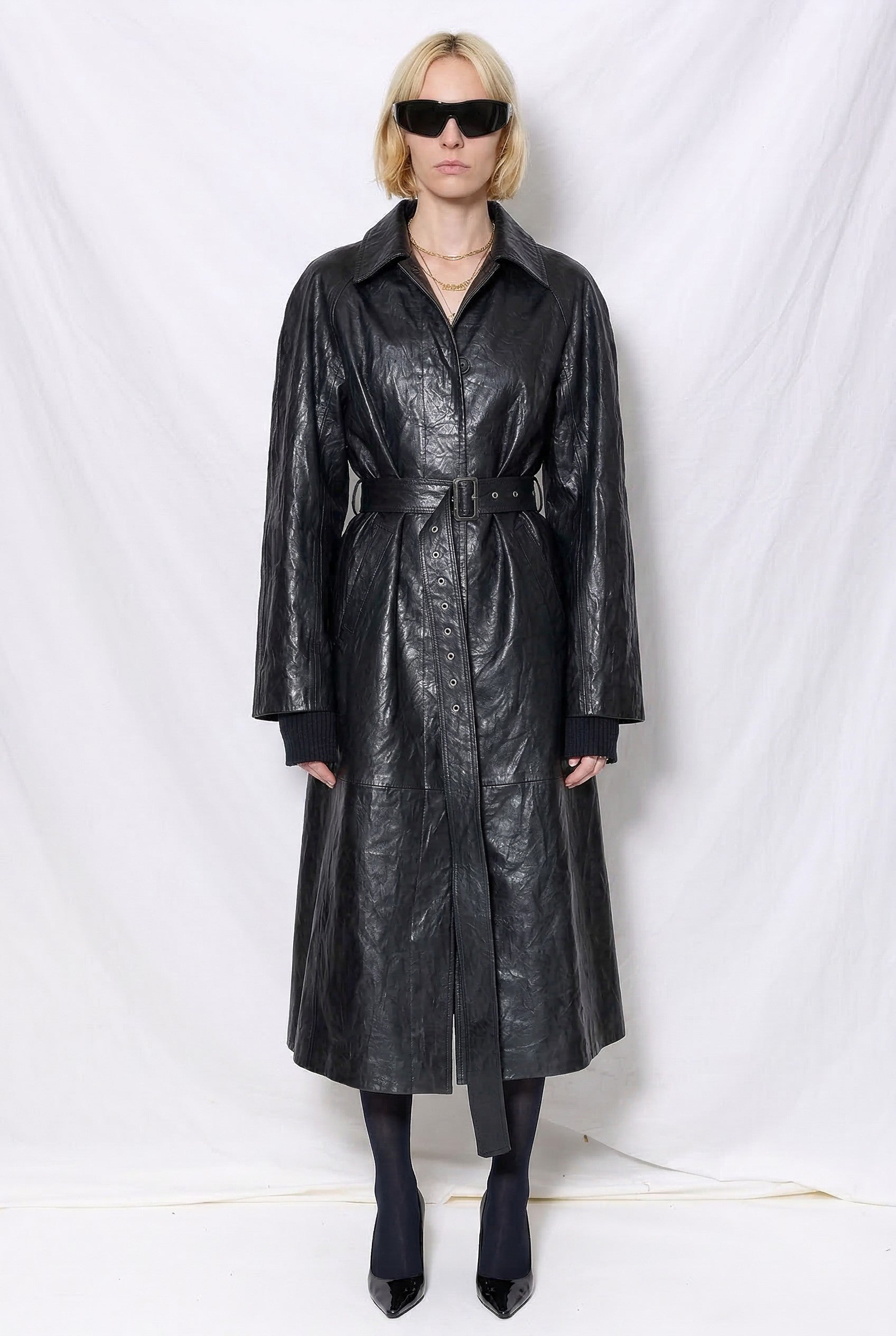 Black Wave Leather Long Coat