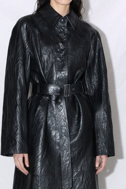 Black Wave Leather Long Coat