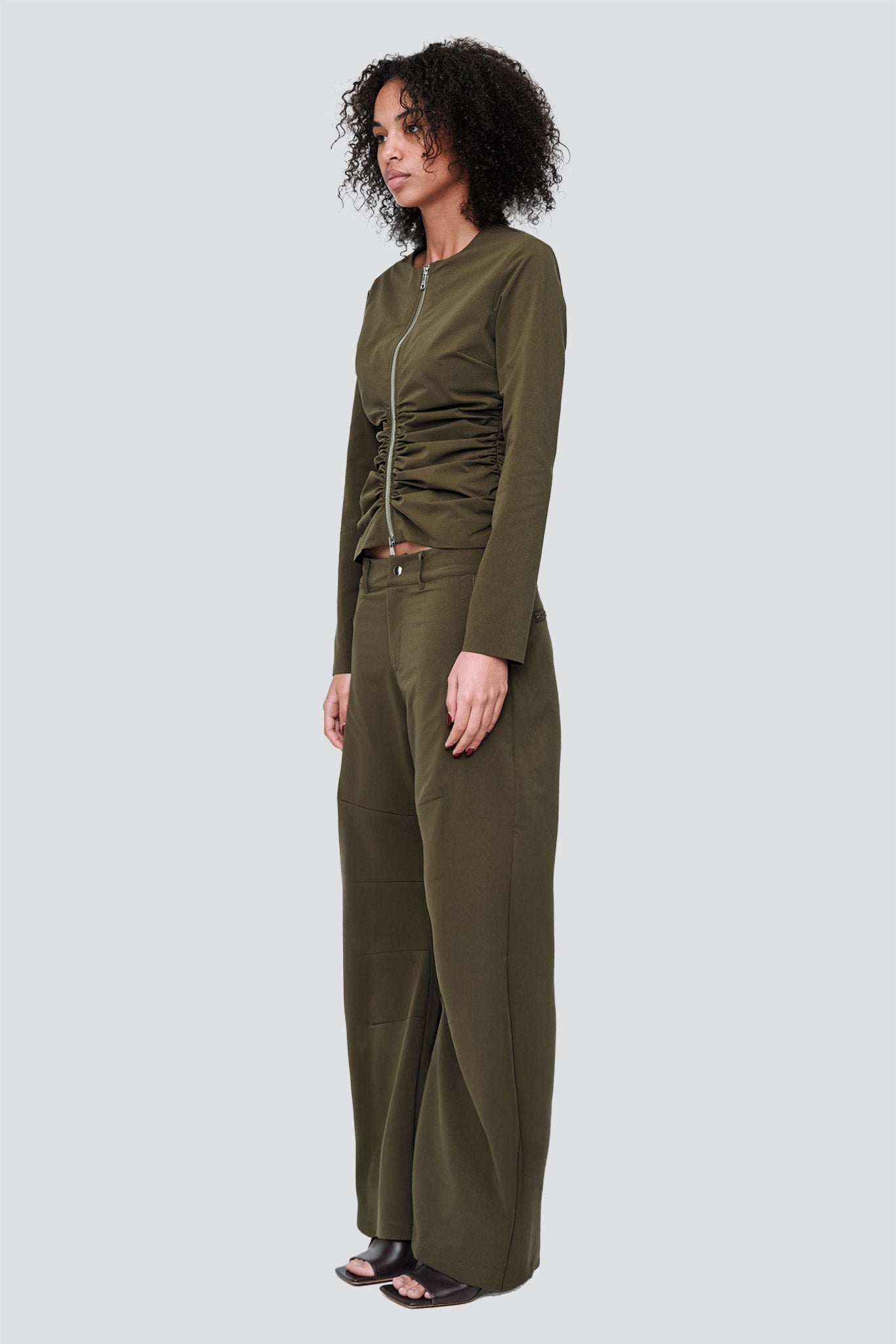 Khaki Zipper Long Sleeve Top