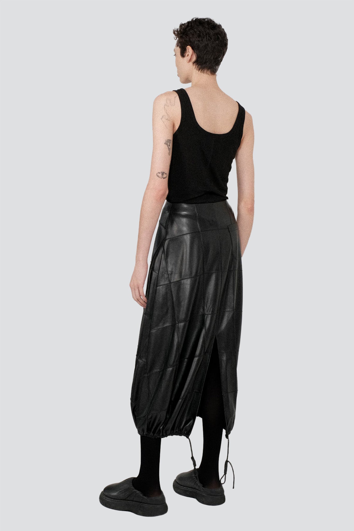 Black Vegan Leather Pintuck Shirred Bubble Skirt